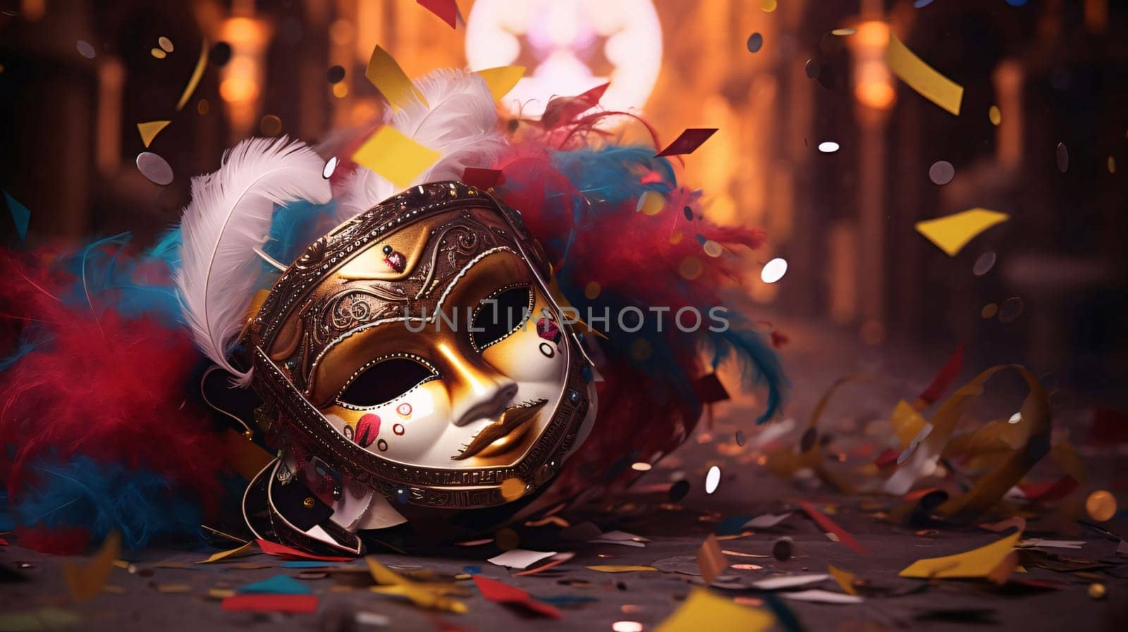 Carnival mask lying on the ground with colorful feathers around falling colorful confetti. Carnival outfits, masks and decorations. A time of fun and celebration before the fast.