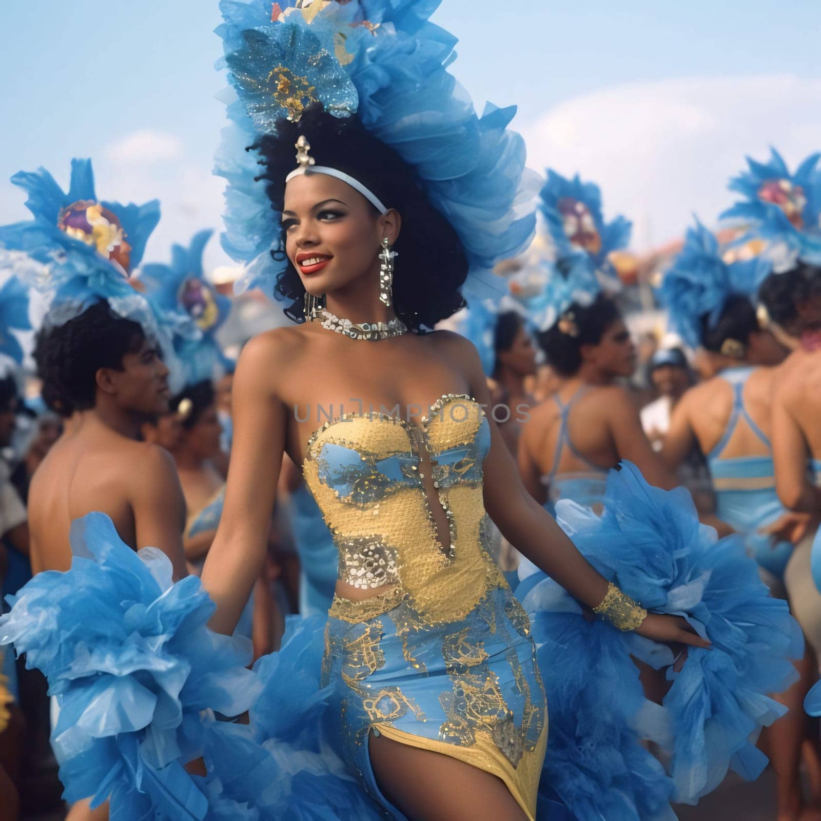 Black half-naked women with blue decorations prepared for a carnival party. Carnival outfits, masks and decorations. A time of fun and celebration before the fast.