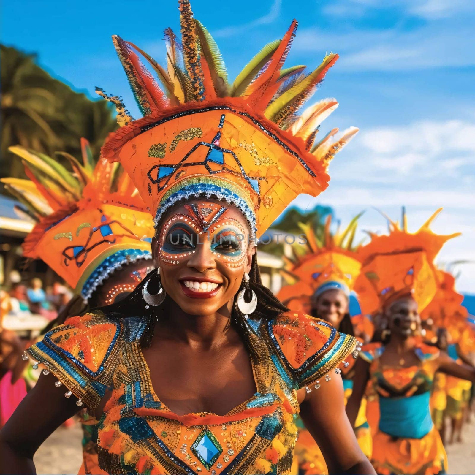 Smiling black woman in carnival costume, dominant orange color beach. Carnival outfits, masks and decorations. A time of fun and celebration before the fast.