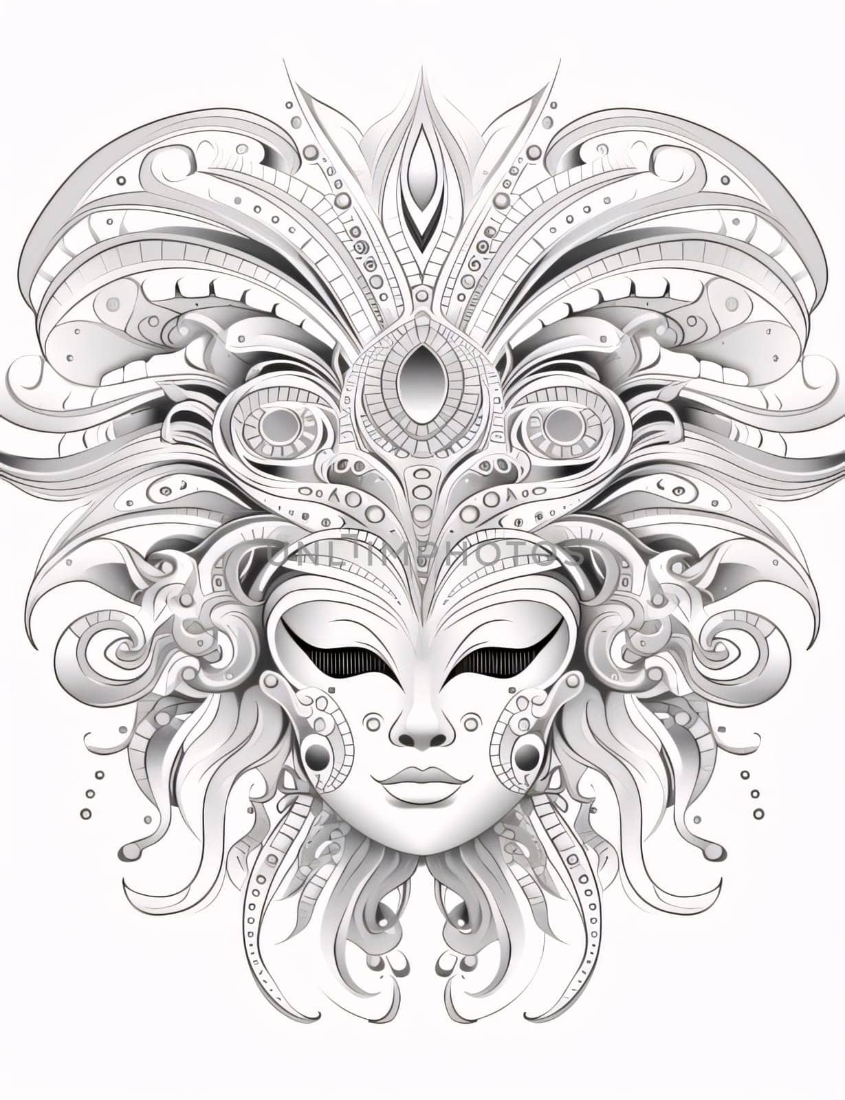 Black and white carnival mask with decorations, white isolated background. Coloring sheet. Carnival outfits, masks and decorations. by ThemesS