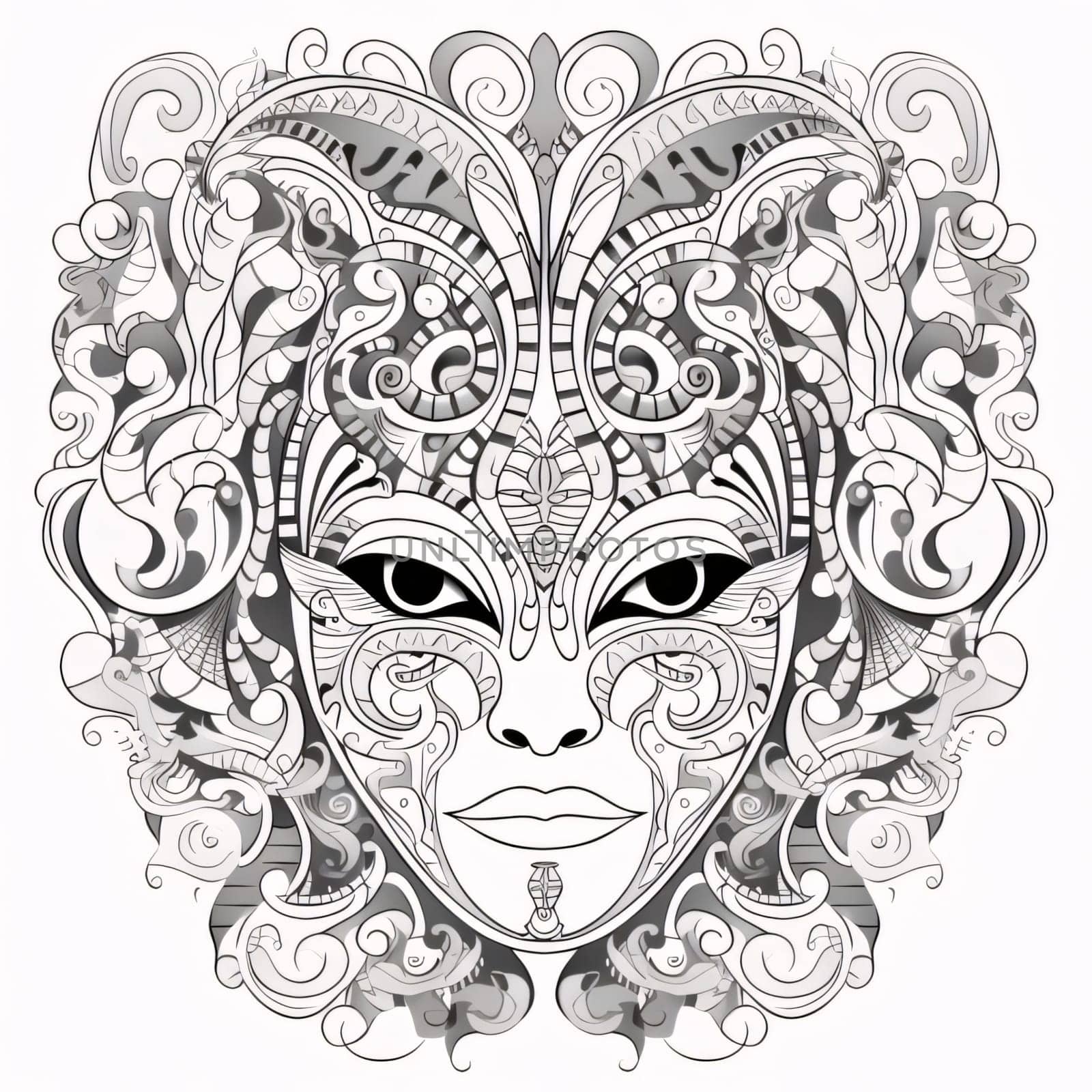 Black and white carnival mask with decorations, white isolated background. Coloring sheet. Carnival outfits, masks and decorations. A time of fun and celebration before the fast.