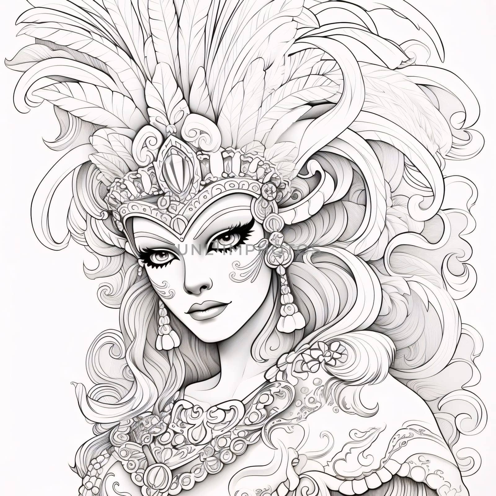 Black and white coloring card of a woman in a carnival mask with decorations and feathers. Carnival outfits, masks and decorations. A time of fun and celebration before the fast.