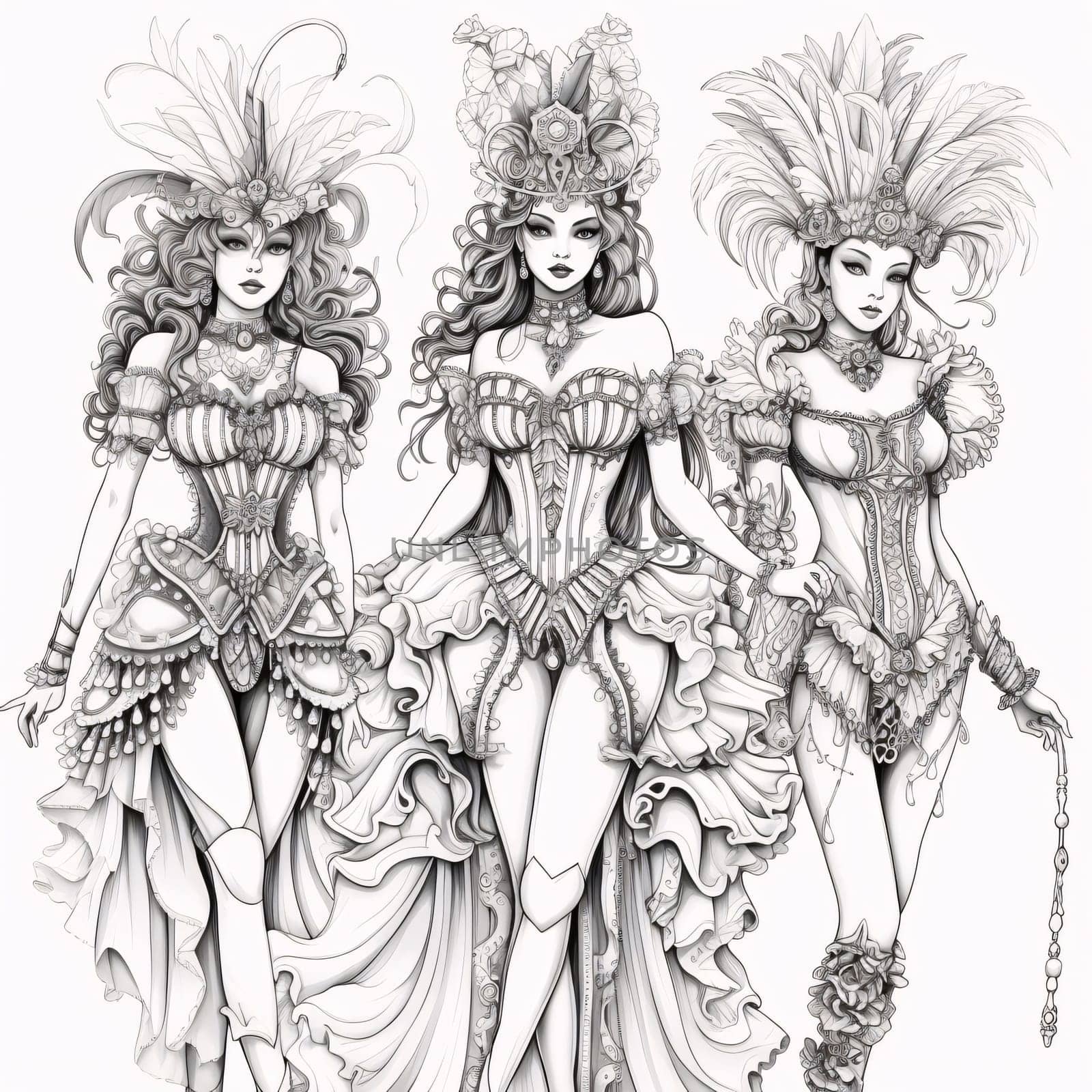 Three women in traditional carnival costumes. Black and White coloring sheet. Carnival outfits, masks and decorations. A time of fun and celebration before the fast.