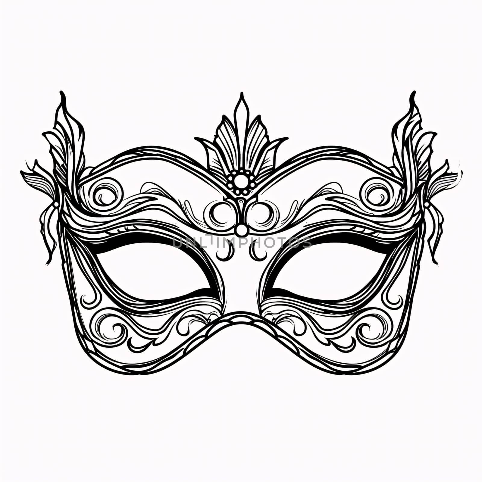 Black and white carnival eye mask with decorations, white isolated background. Coloring sheet. Carnival outfits, masks and decorations. A time of fun and celebration before the fast.