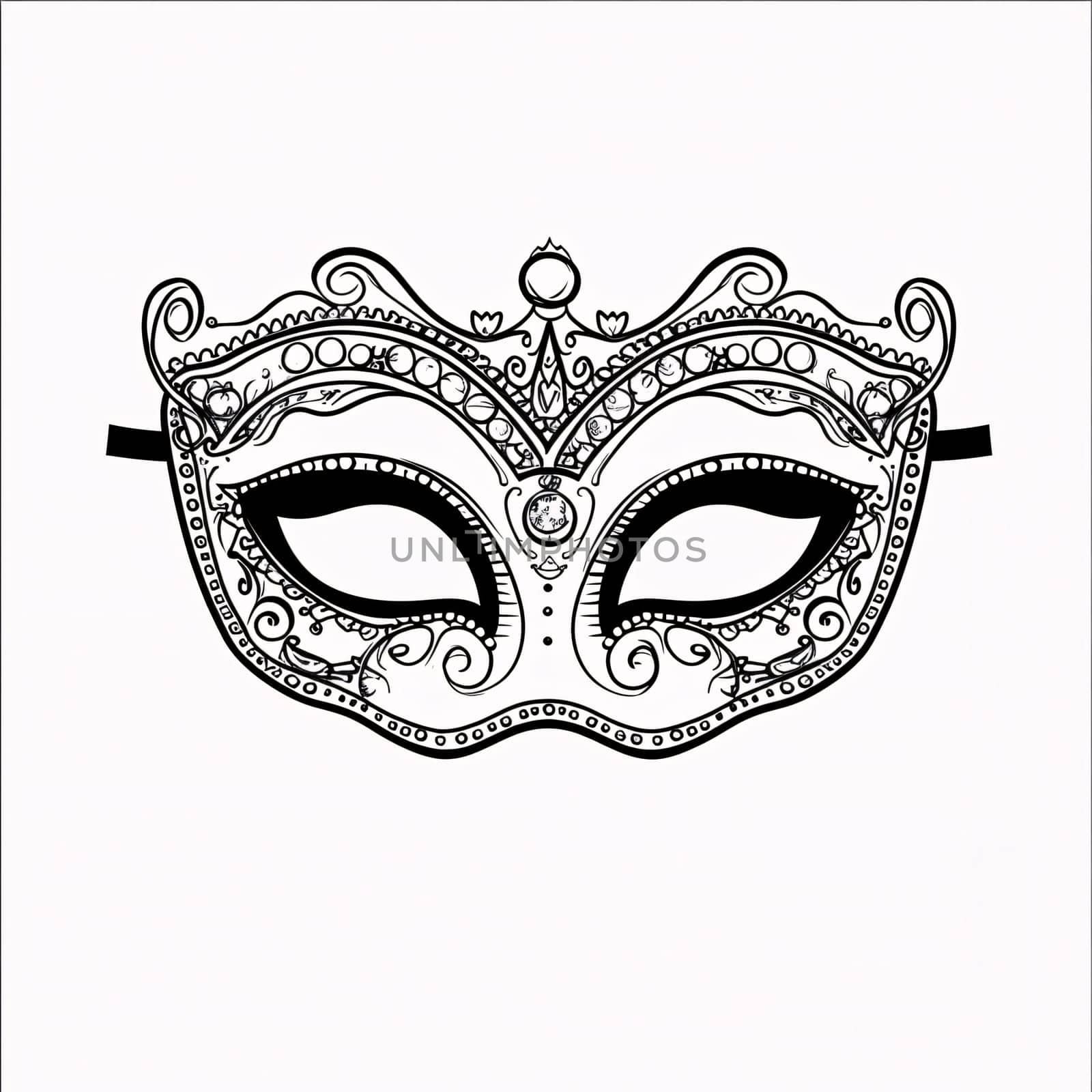 Black and white carnival eye mask with decorations, white isolated background. Coloring sheet. Carnival outfits, masks and decorations. A time of fun and celebration before the fast.
