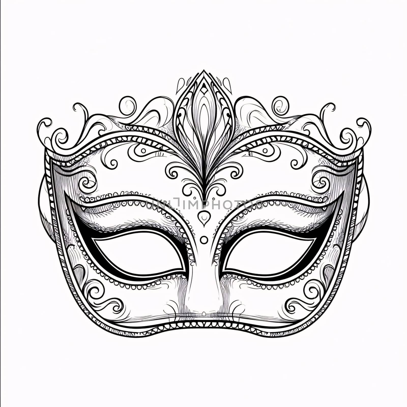 Black and white carnival eye mask with decorations, white isolated background. Coloring sheet. Carnival outfits, masks and decorations. A time of fun and celebration before the fast.