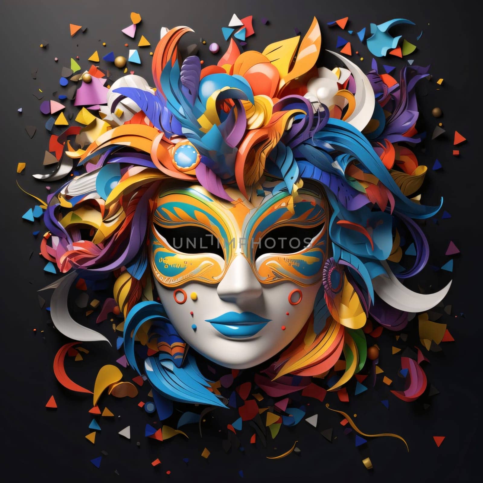 Colorful carnival mask with triangular confetti on dark background. Carnival outfits, masks and decorations. A time of fun and celebration before the fast.