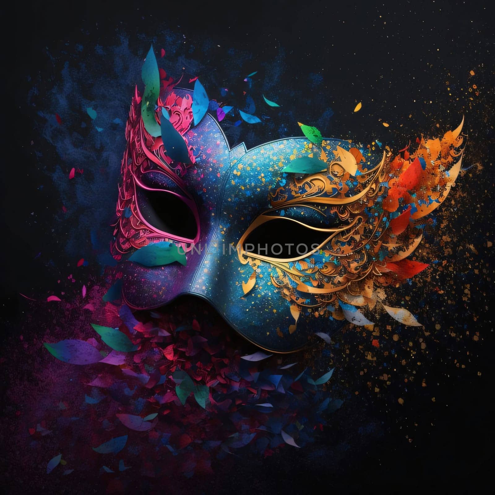 Carnival eye mask with colorful decorations, dark background Holi powder. Carnival outfits, masks and decorations. A time of fun and celebration before the fast.