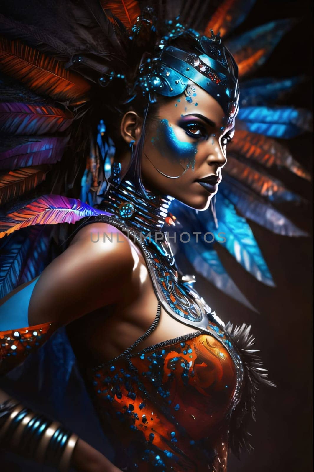 Black woman in carnival costume, colorful feathers pinned to her head. Carnival outfits, masks and decorations. by ThemesS