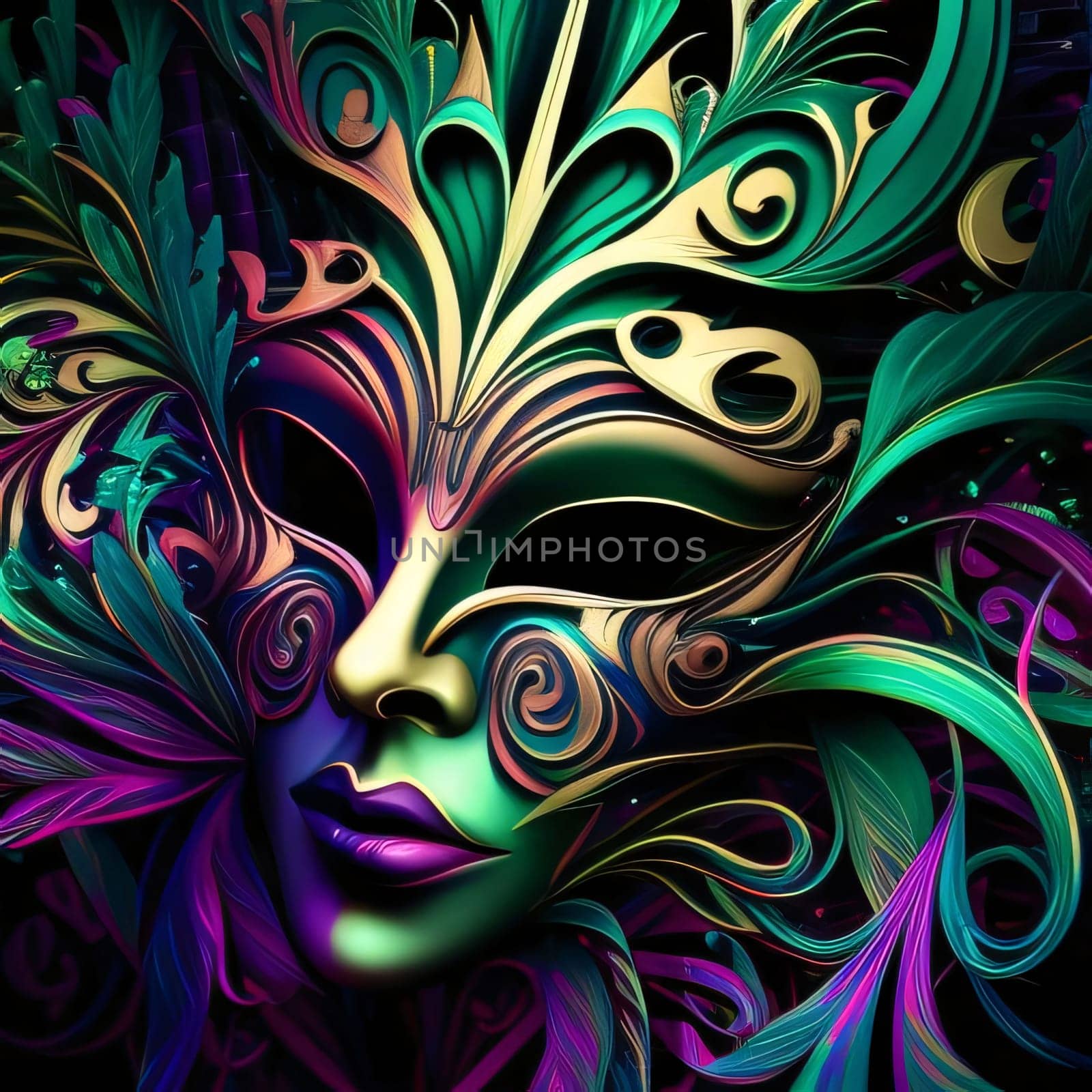 Gold purple carnival mask with ornaments. Carnival outfits, masks and decorations. A time of fun and celebration before the fast.