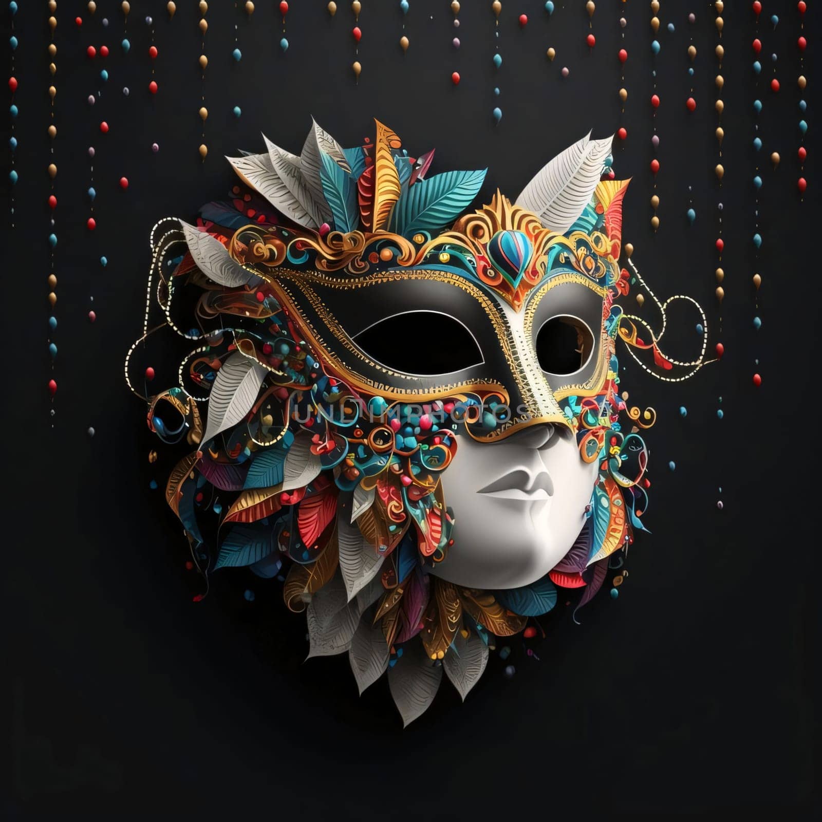 Carnival mask with colorful feathers, ball decorations on dark background. Carnival outfits, masks and decorations. A time of fun and celebration before the fast.