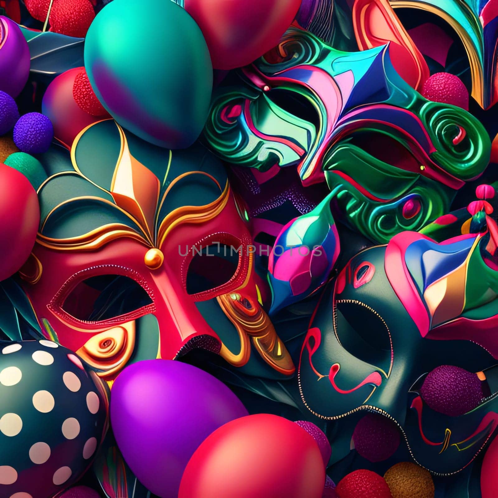 Colorful, carnival masks and balloons, top view. Carnival outfits, masks and decorations. A time of fun and celebration before the fast.