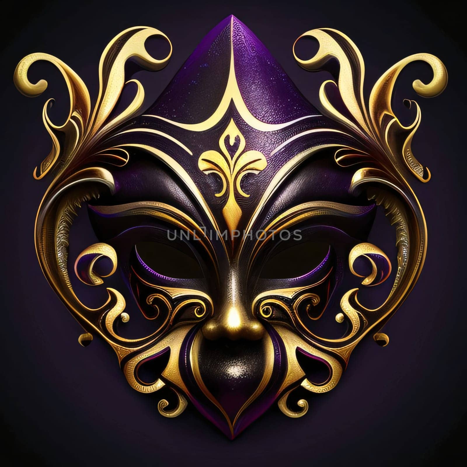 Gold purple mask with ornaments on dark background. Carnival outfits, masks and decorations. A time of fun and celebration before the fast.