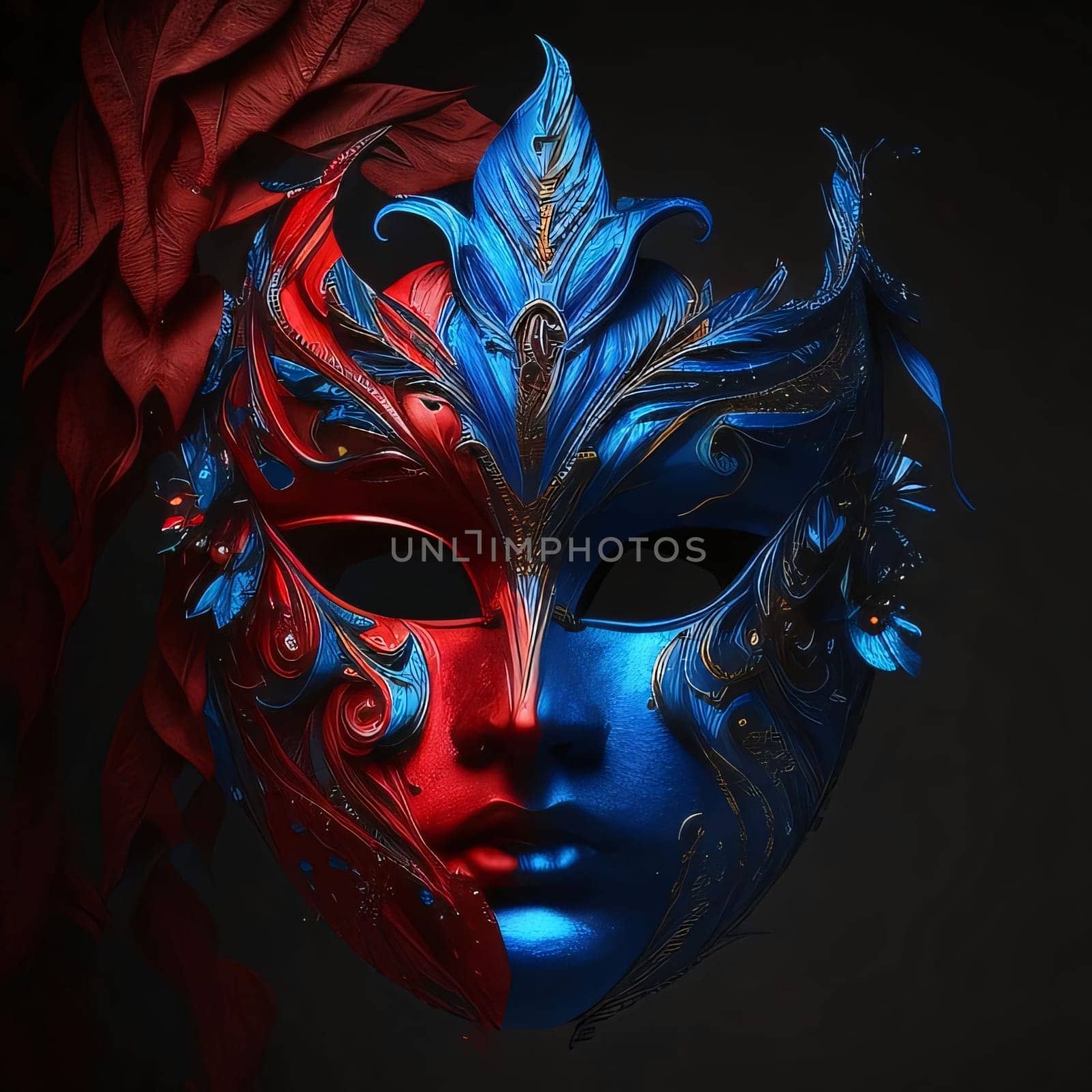 Blue and red mask with ornaments on dark background. Carnival outfits, masks and decorations. A time of fun and celebration before the fast.