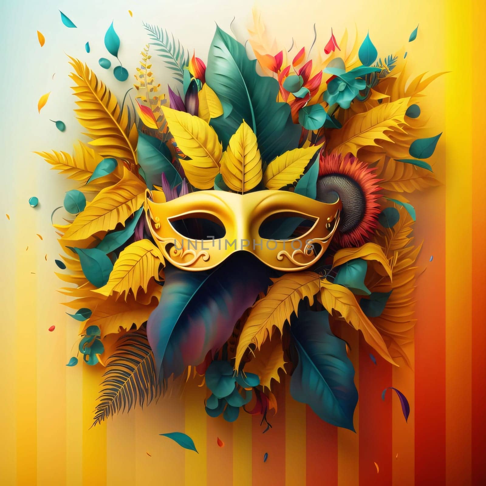 Gold eye mask with colorful leaves decorations all around. Carnival outfits, masks and decorations. A time of fun and celebration before the fast.