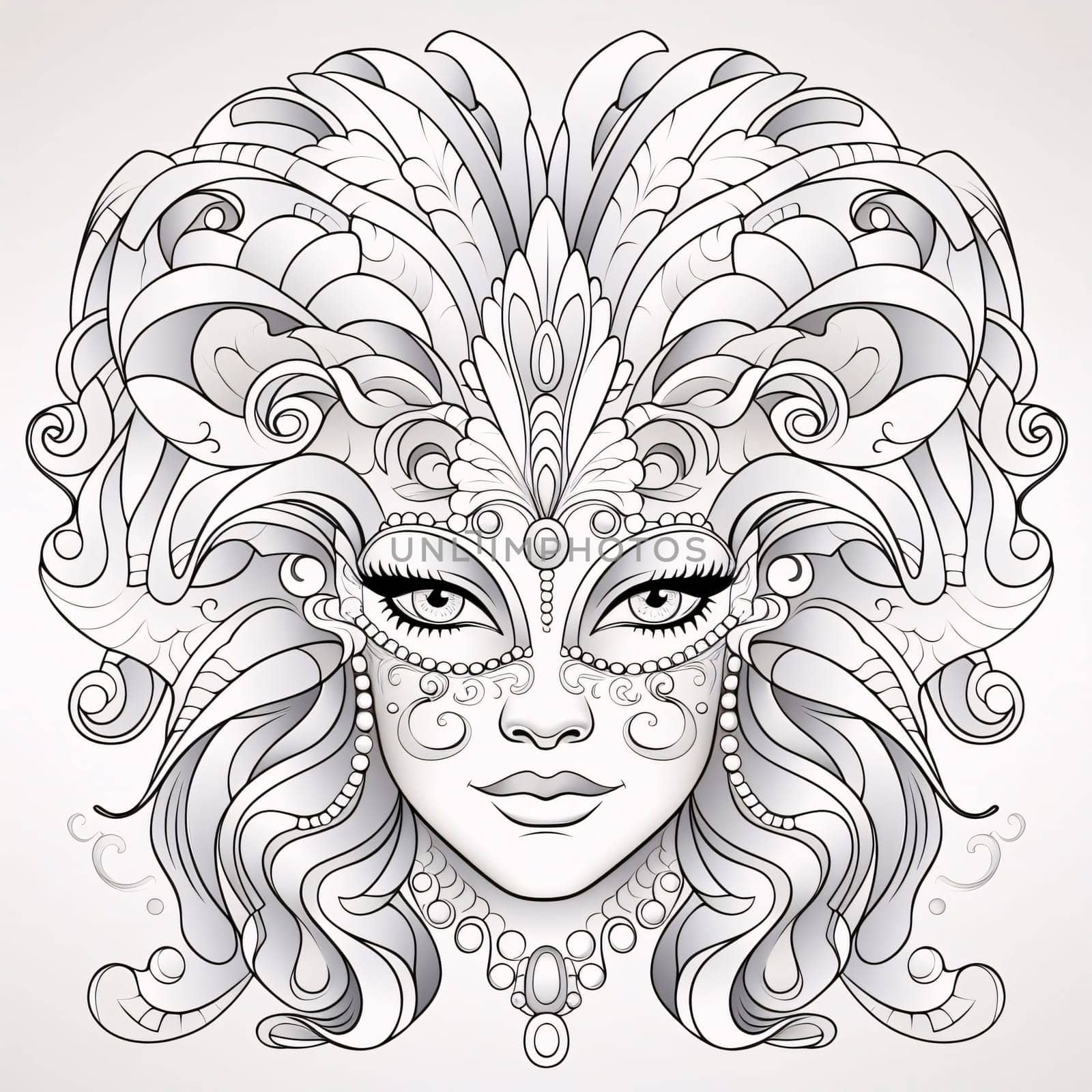 Black and white coloring sheet, carnival mask with decorations. Carnival outfits, masks and decorations. A time of fun and celebration before the fast.