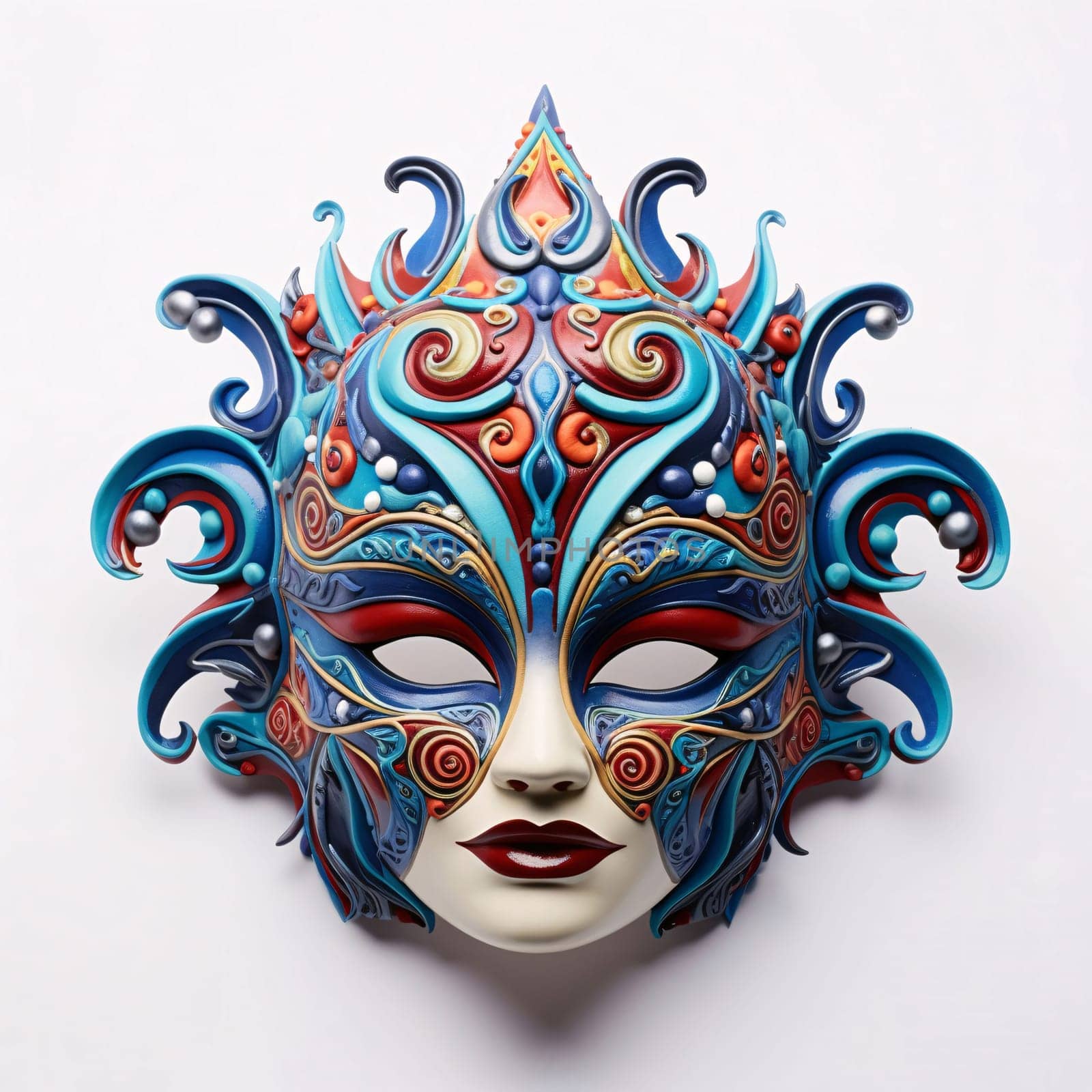 Carnival mask with blue, red decorations, white background. Carnival outfits, masks and decorations. A time of fun and celebration before the fast.