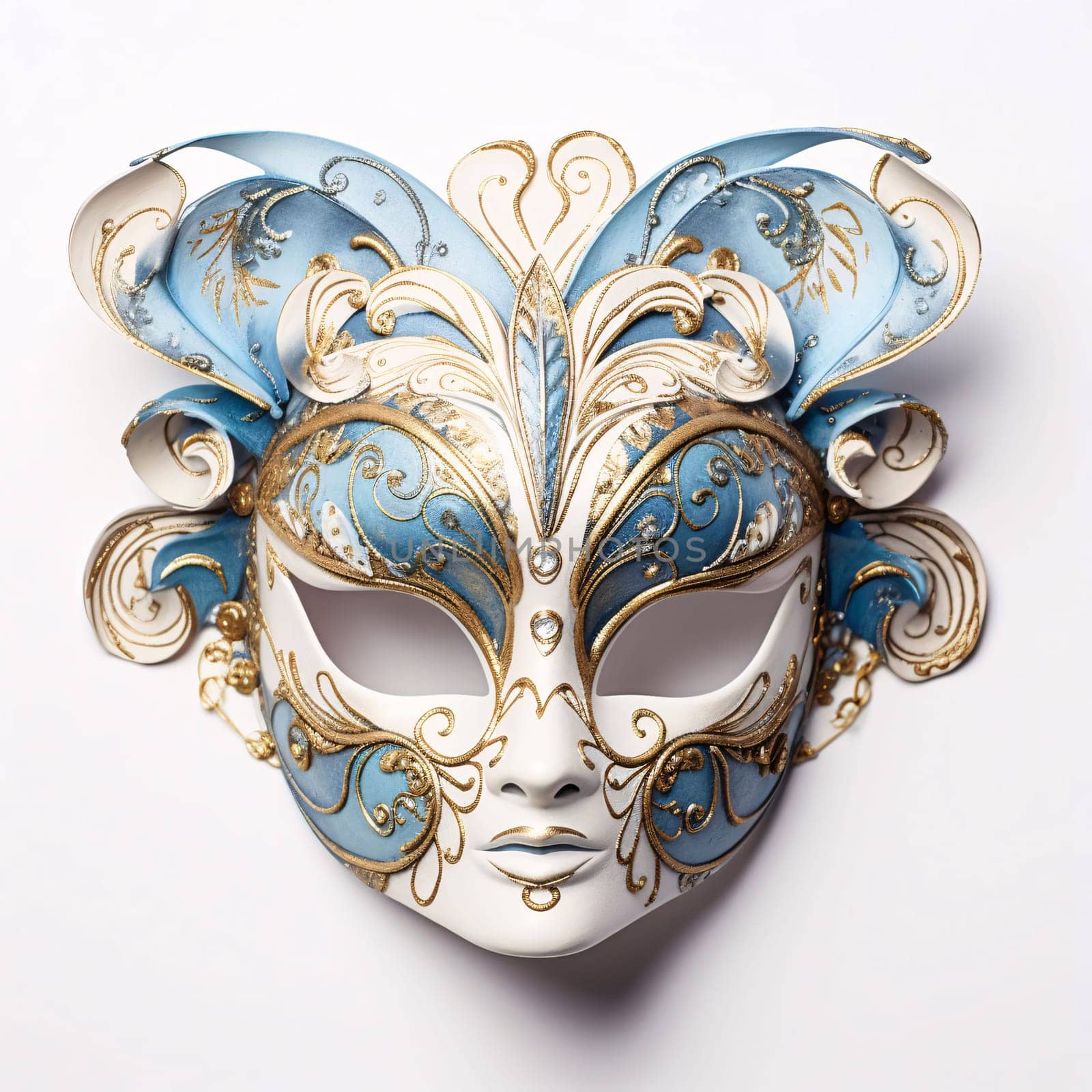 Mask with golden blue decorations on white background. Carnival outfits, masks and decorations. A time of fun and celebration before the fast.