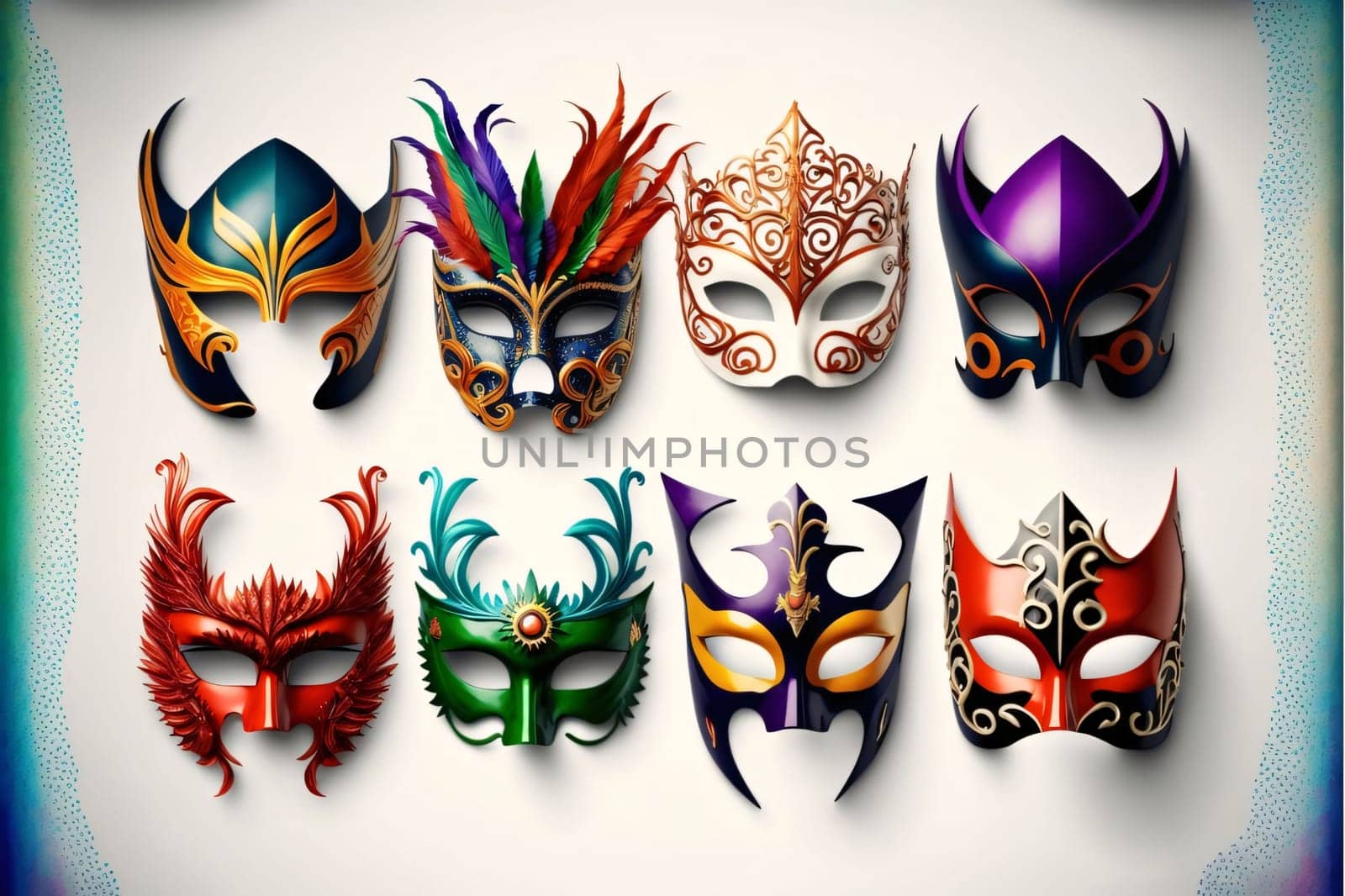 Colorful carnival masks on bright background. Arranged in a row. Carnival outfits, masks and decorations. A time of fun and celebration before the fast.