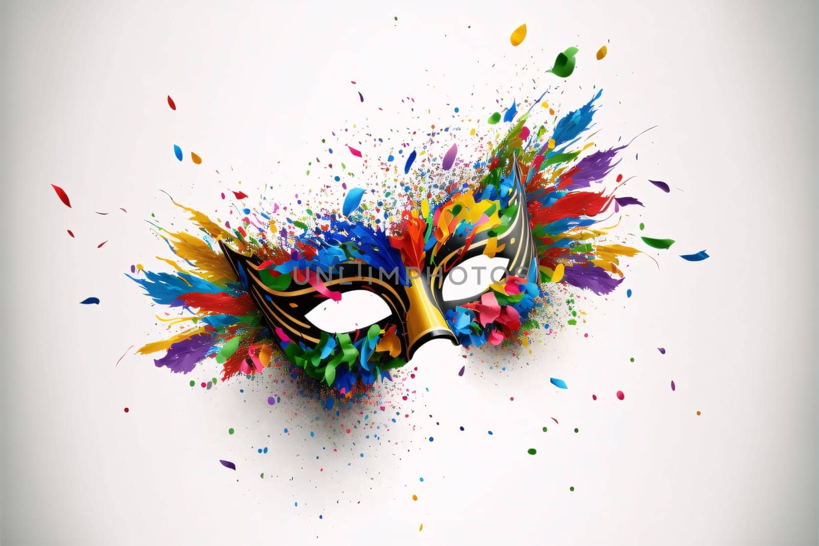 Colorful carnival eye mask on bright background. Splashes of color, confetti. Carnival outfits, masks and decorations. A time of fun and celebration before the fast.