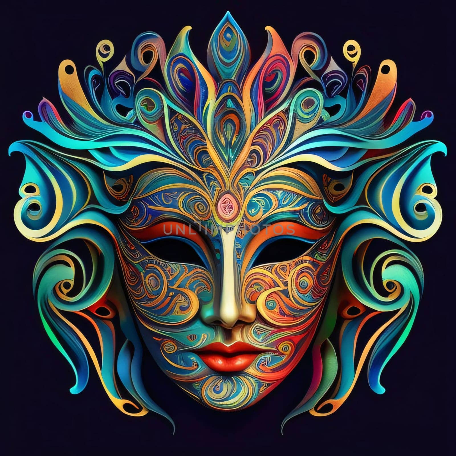 Concept illustration of carnival mother with colorful rich decorations. Dark background. Carnival outfits, masks and decorations. A time of fun and celebration before the fast.