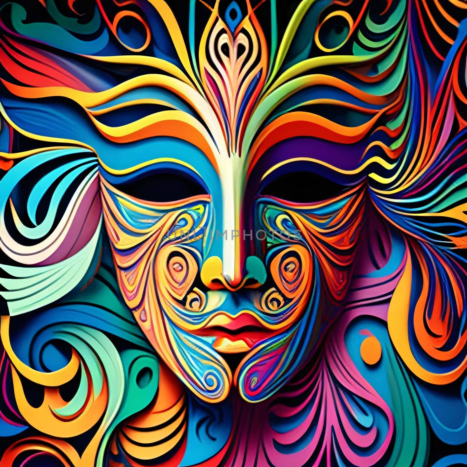 Concept illustration of carnival mother with colorful rich decorations. Carnival outfits, masks and decorations. A time of fun and celebration before the fast.