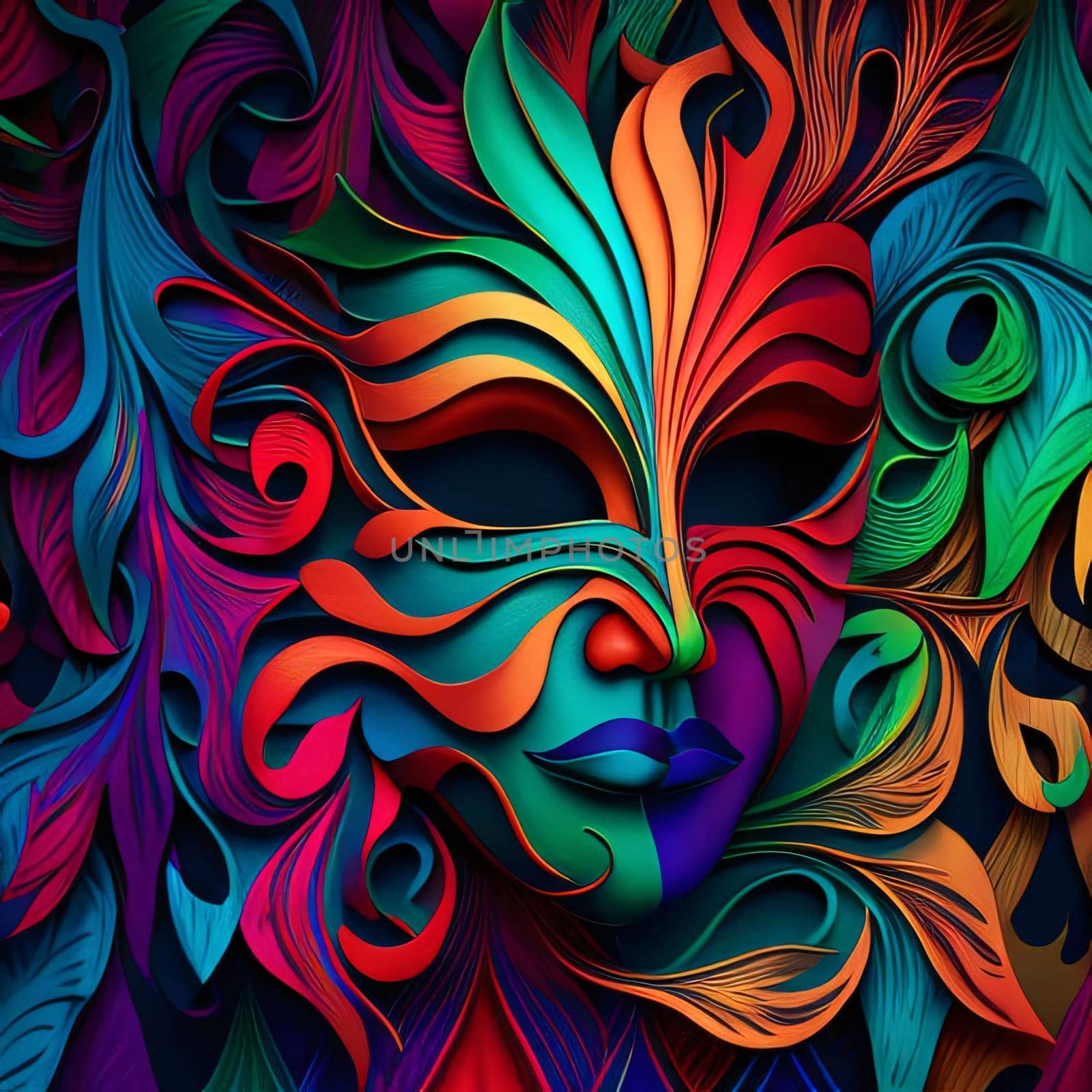 Concept illustration of carnival mother with colorful rich decorations. Carnival outfits, masks and decorations. A time of fun and celebration before the fast.