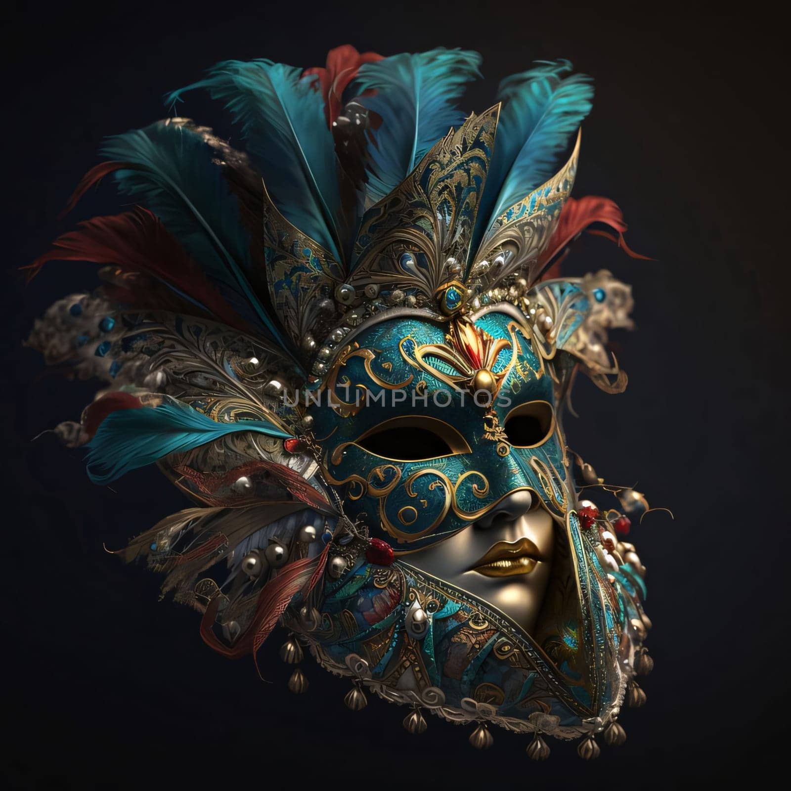 Carnival mask with piura with gold rich decorations on black background. Carnival outfits, masks and decorations. A time of fun and celebration before the fast.