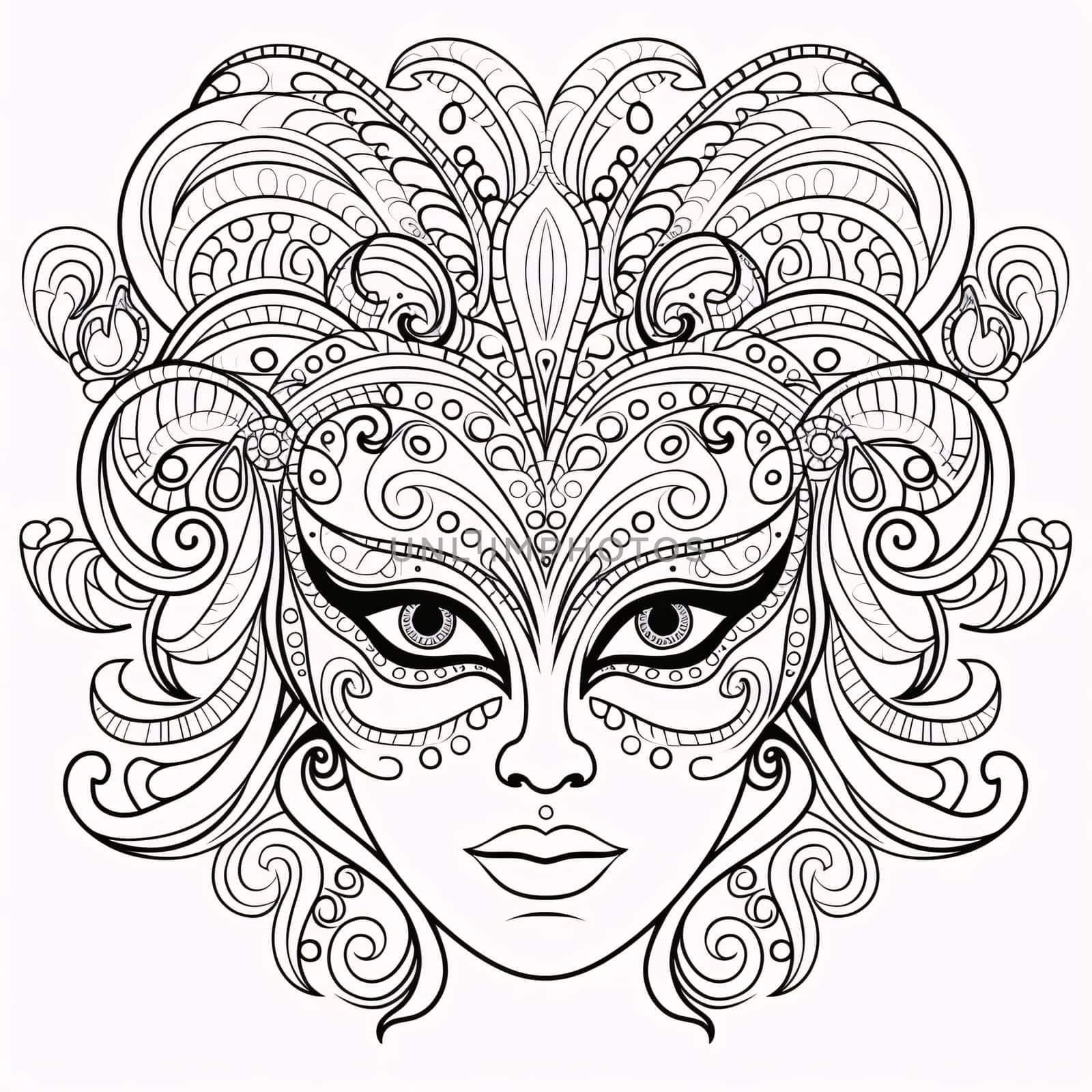 Black and white coloring sheet, carnival mask with rich decorations. Carnival outfits, masks and decorations. A time of fun and celebration before the fast.