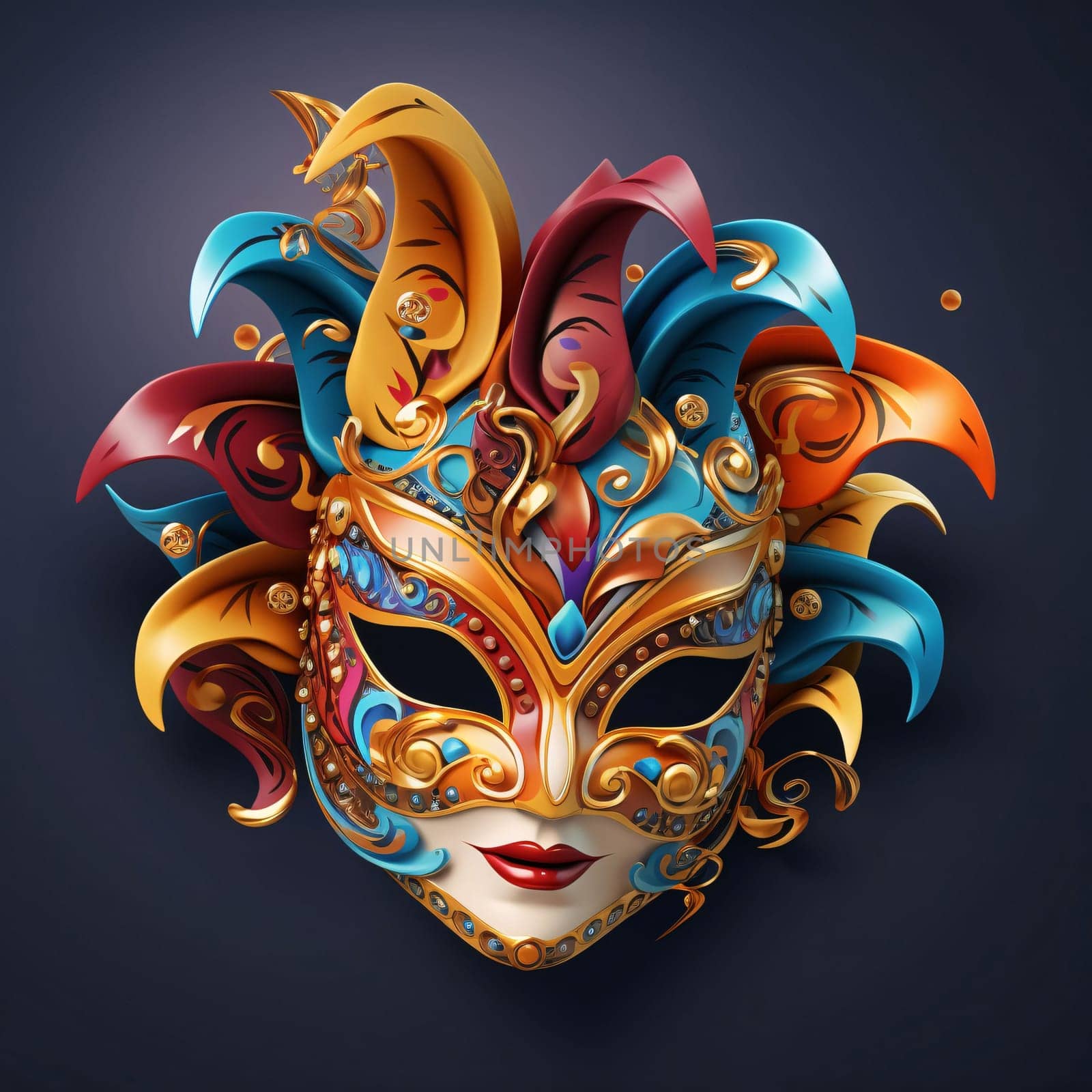 Illustration of colorful carnival mask with gold decorations, colorful feathers, dark background. Carnival outfits, masks and decorations. A time of fun and celebration before the fast.