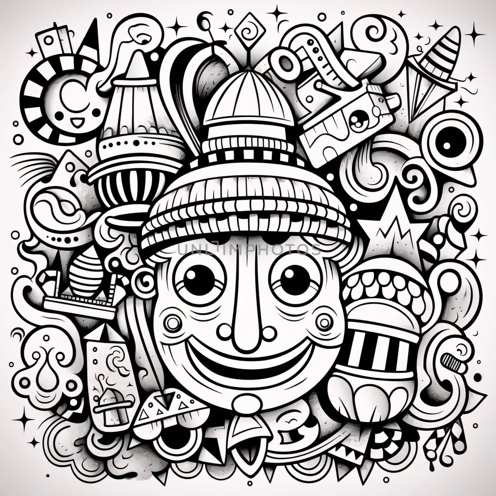 Black and white coloring sheet, carnival mosaic. Carnival outfits, masks and decorations. A time of fun and celebration before the fast.