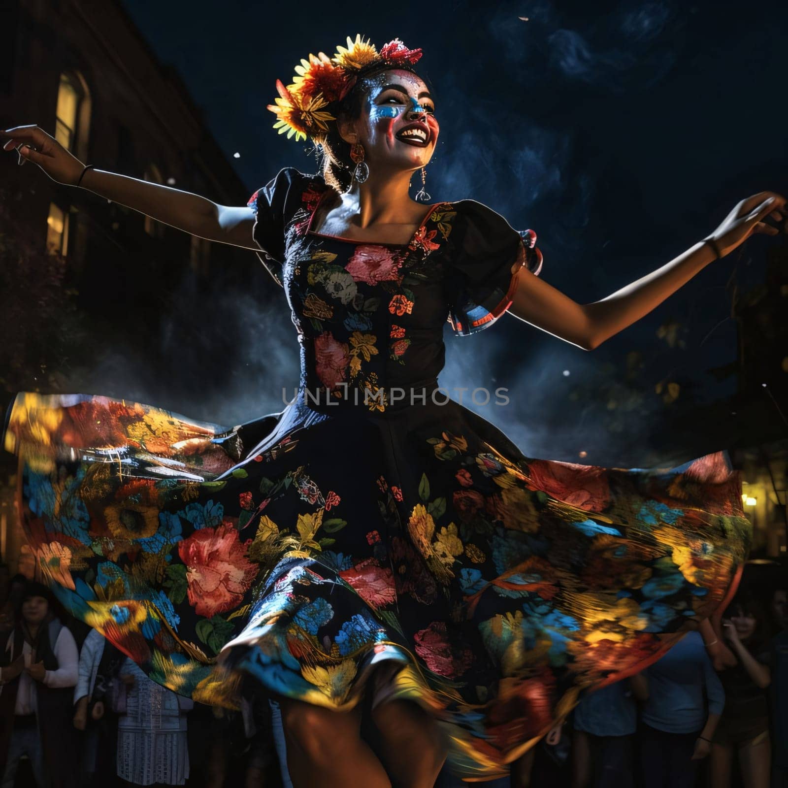 A woman with a painted face and a long dancing dress during a carnival party. Carnival outfits, masks and decorations. A time of fun and celebration before the fast.