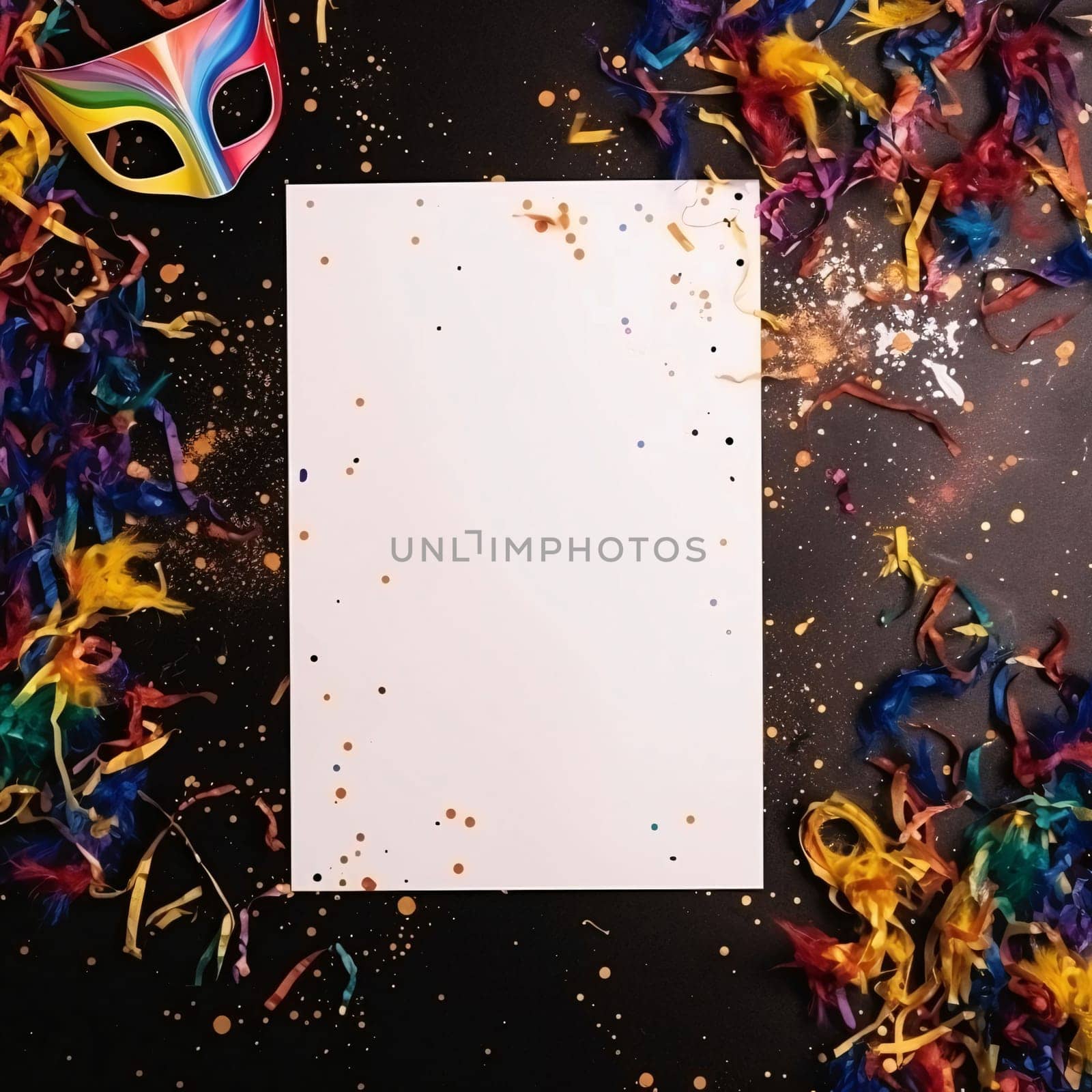 White blank card with space for your own content around decorations with colorful feathers, carnival masks, confetti. Carnival outfits, masks and decorations. A time of fun and celebration before the fast.
