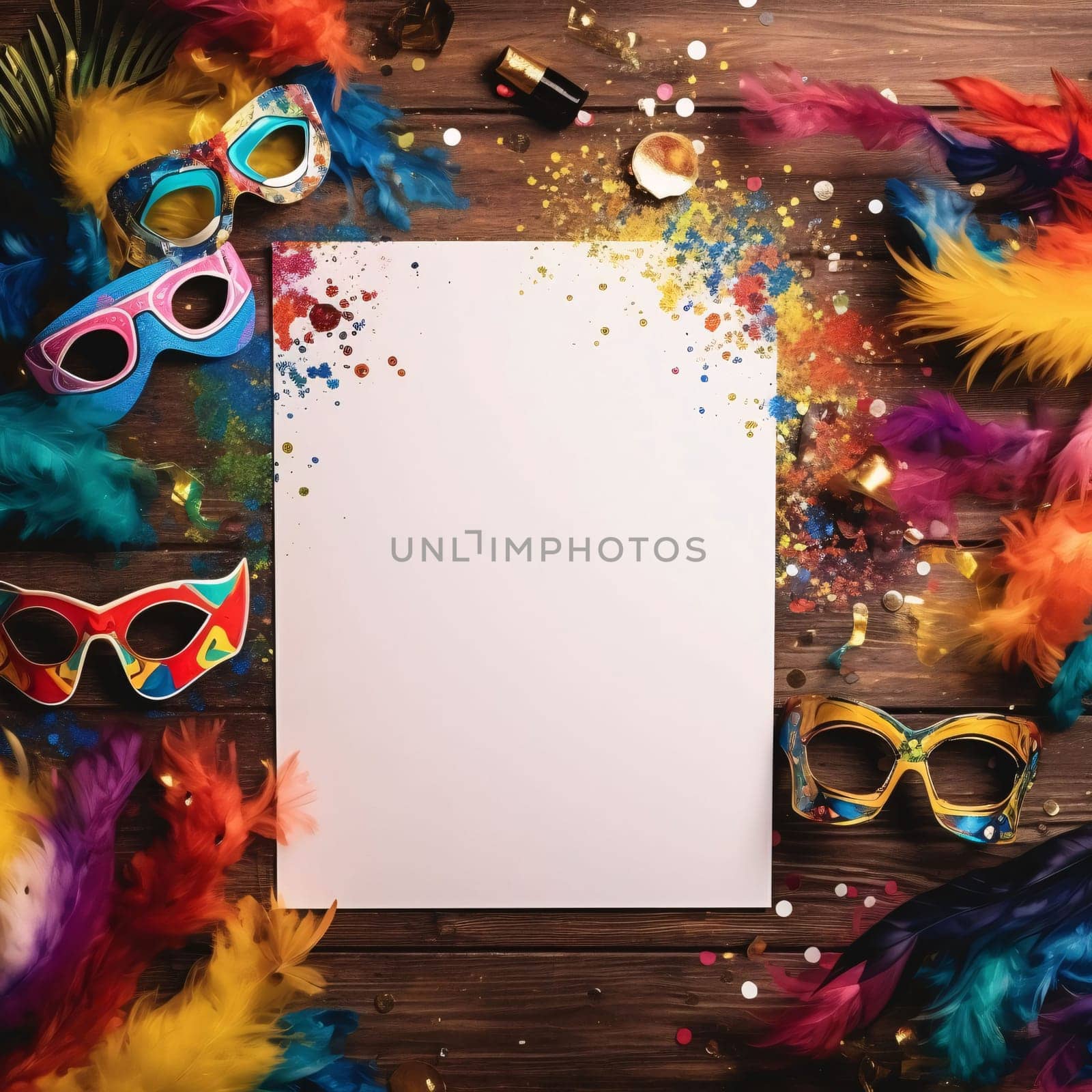White blank card with space for your own content around decorations with colorful feathers, carnival masks, confetti. Carnival outfits, masks and decorations. A time of fun and celebration before the fast.
