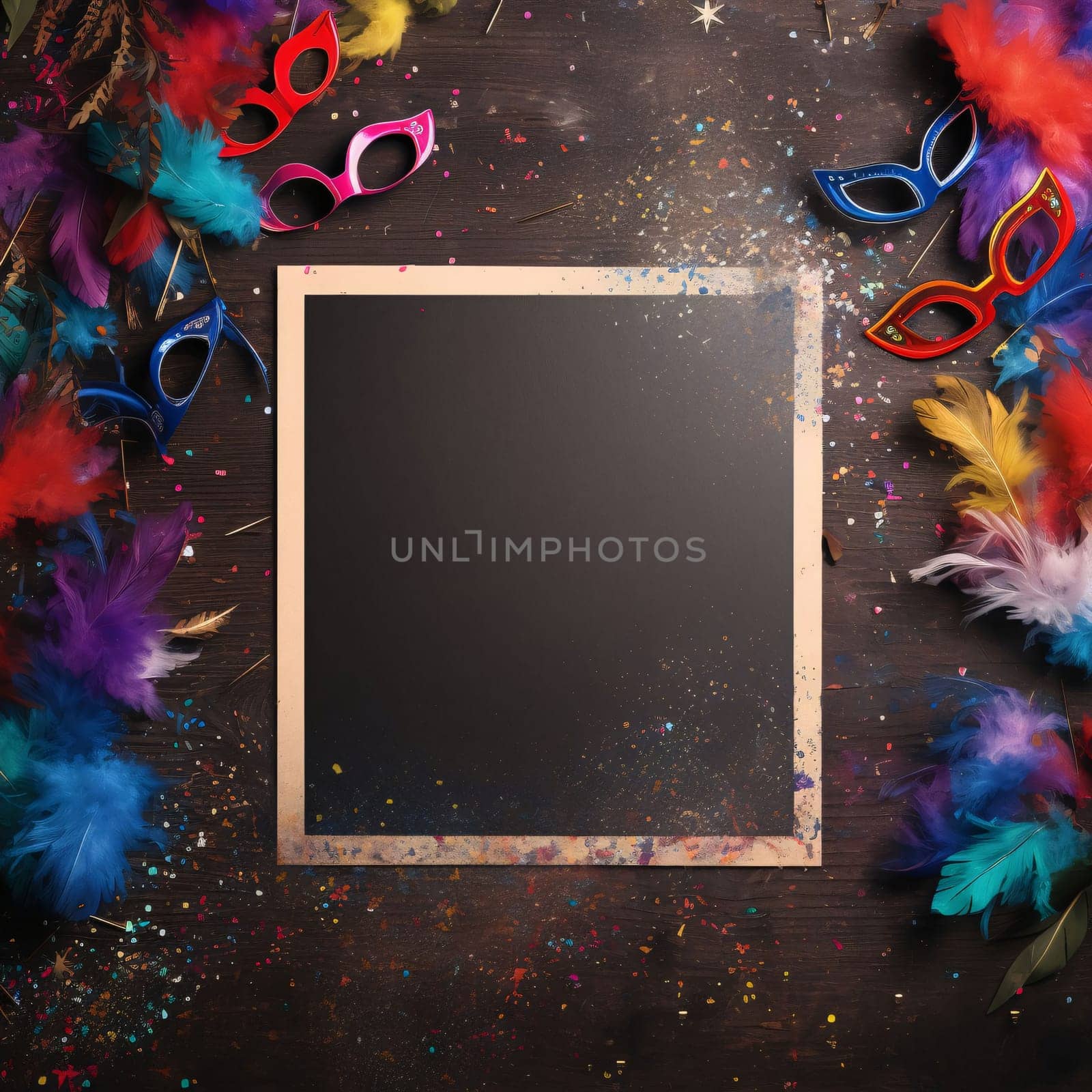 White blank card with space for your own content around decorations with colorful feathers, carnival masks, confetti. Carnival outfits, masks and decorations. A time of fun and celebration before the fast.
