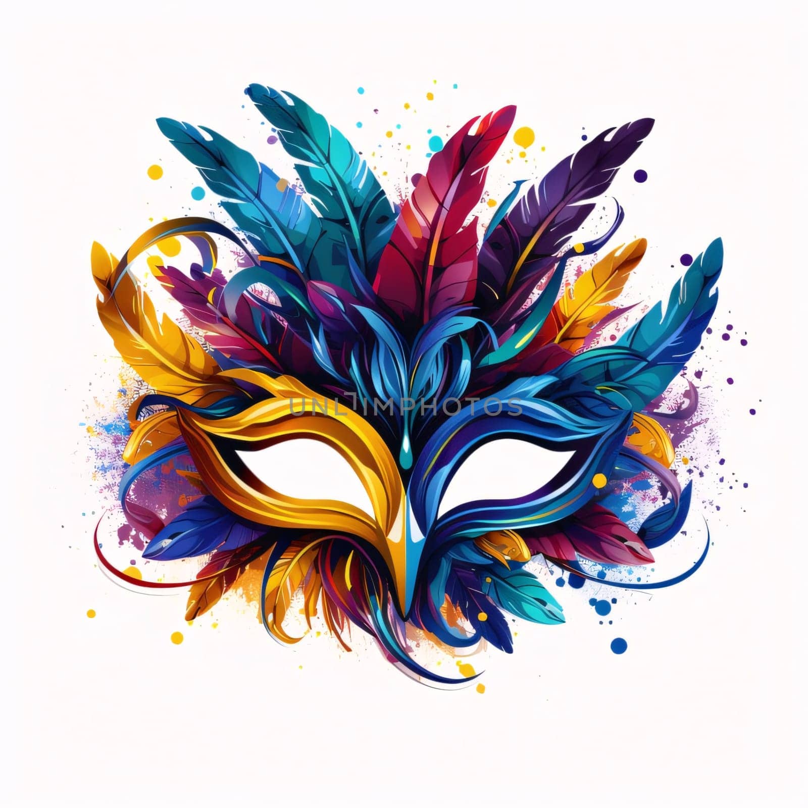 Colorful carnival eye mask with Colorful feathers White isolated background. Carnival outfits, masks and decorations. A time of fun and celebration before the fast.