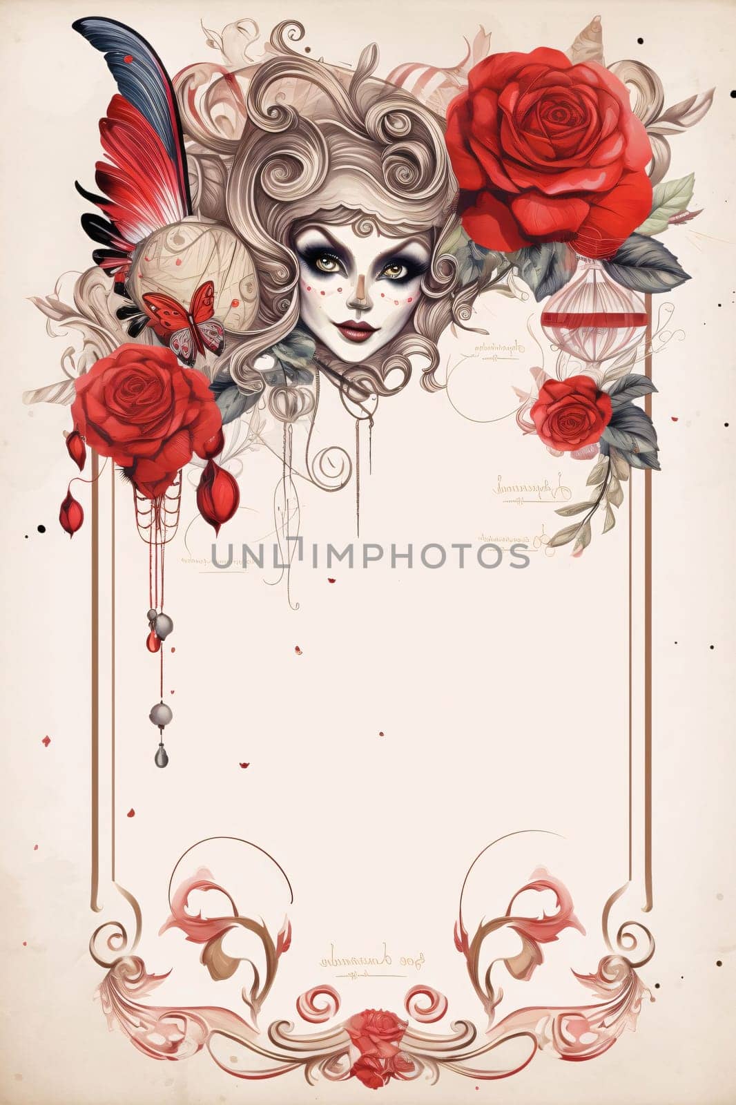 White blank card, frame with carnival decorations, mask, red roses. Carnival outfits, masks and decorations. by ThemesS