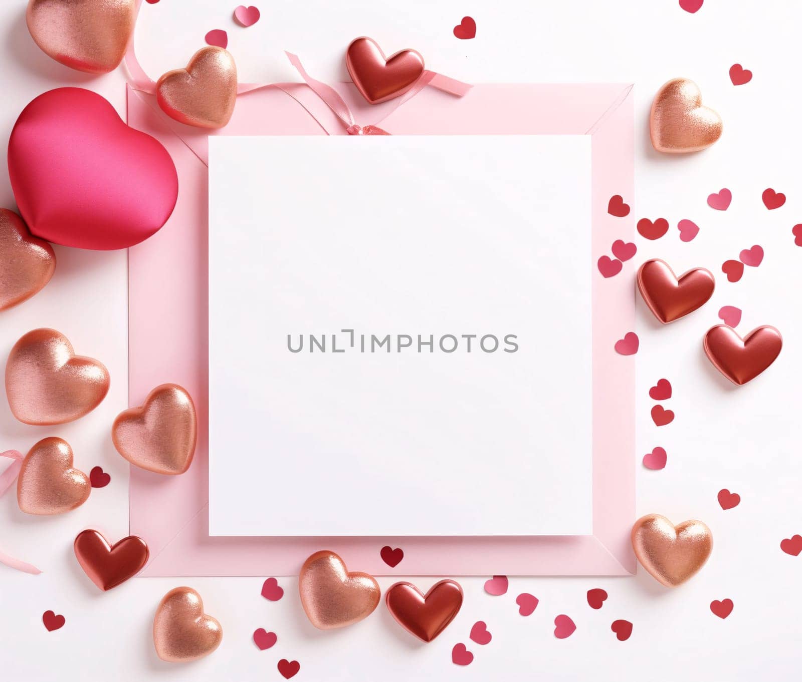 White blank card with space for your own content. Decorations of pink and gold hearts, confetti. Valentine's Day as a day symbol of affection and love. A time of falling in love and love.