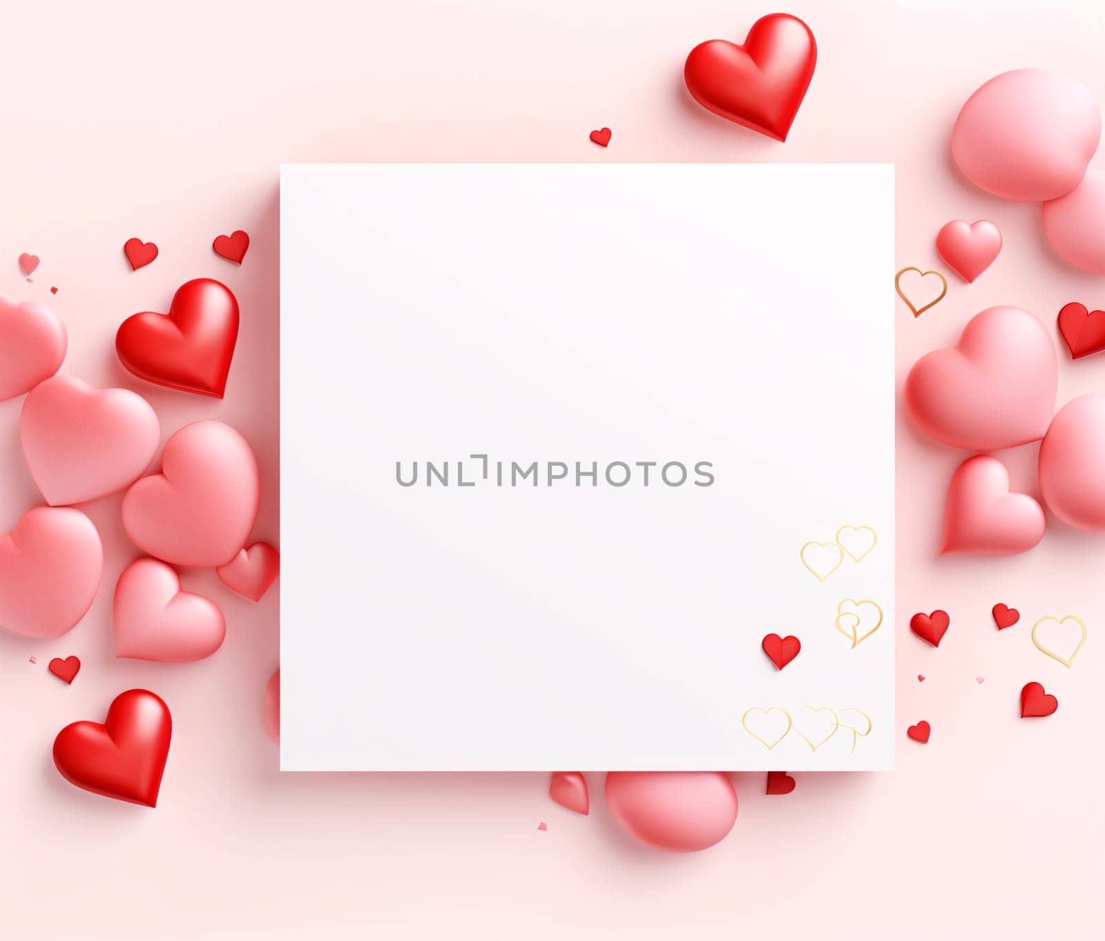 White blank card with space for your own content. Decorations of pink and gold hearts, confetti. Valentine's Day as a day symbol of affection and love. A time of falling in love and love.
