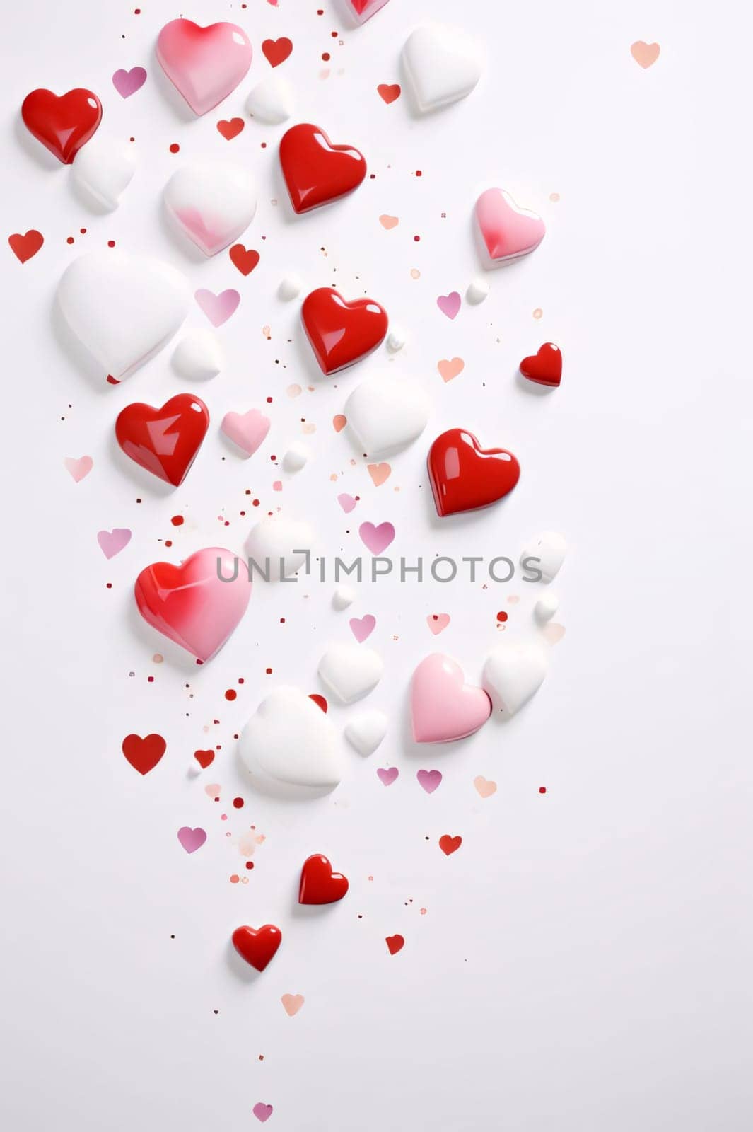 White, pink red hearts with confetti on a white background. Valentine's Day as a day symbol of affection and love. A time of falling in love and love.