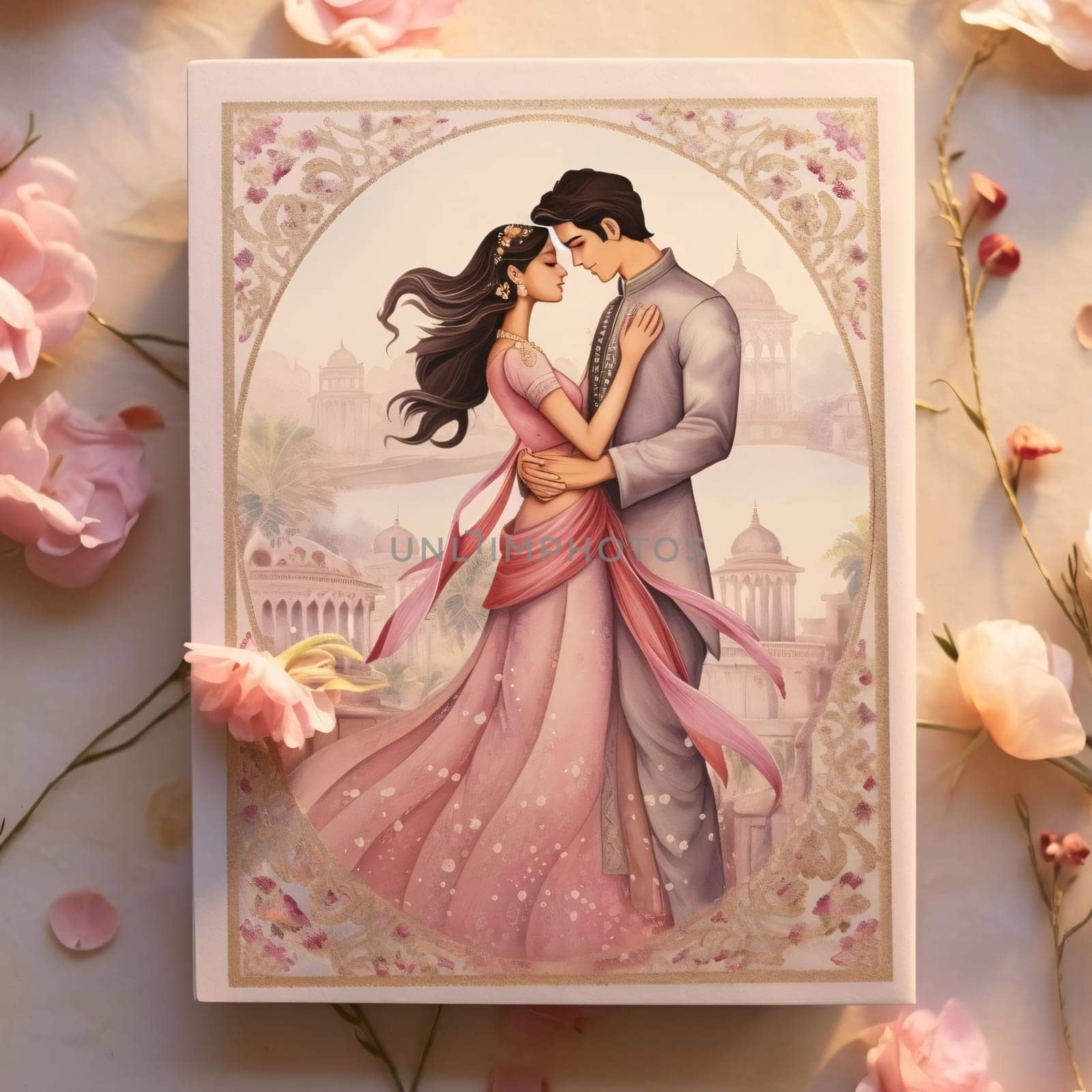 Card with an image, hugging a couple in love. Valentine's Day as a day symbol of affection and love. A time of falling in love and love.