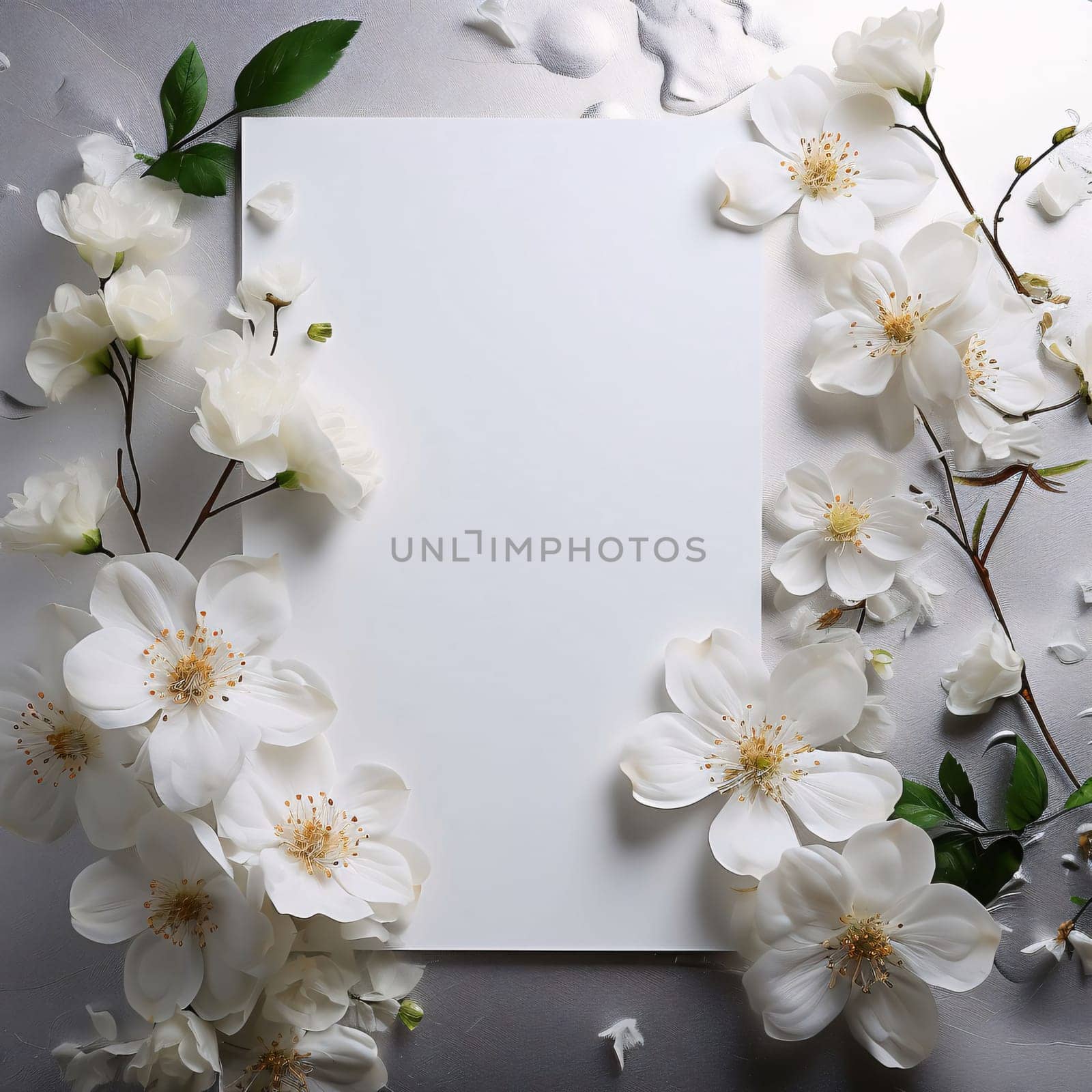 White blank card with space for your own content. Decorations made of white flowers. Valentine's Day as a day symbol of affection and love. A time of falling in love and love.