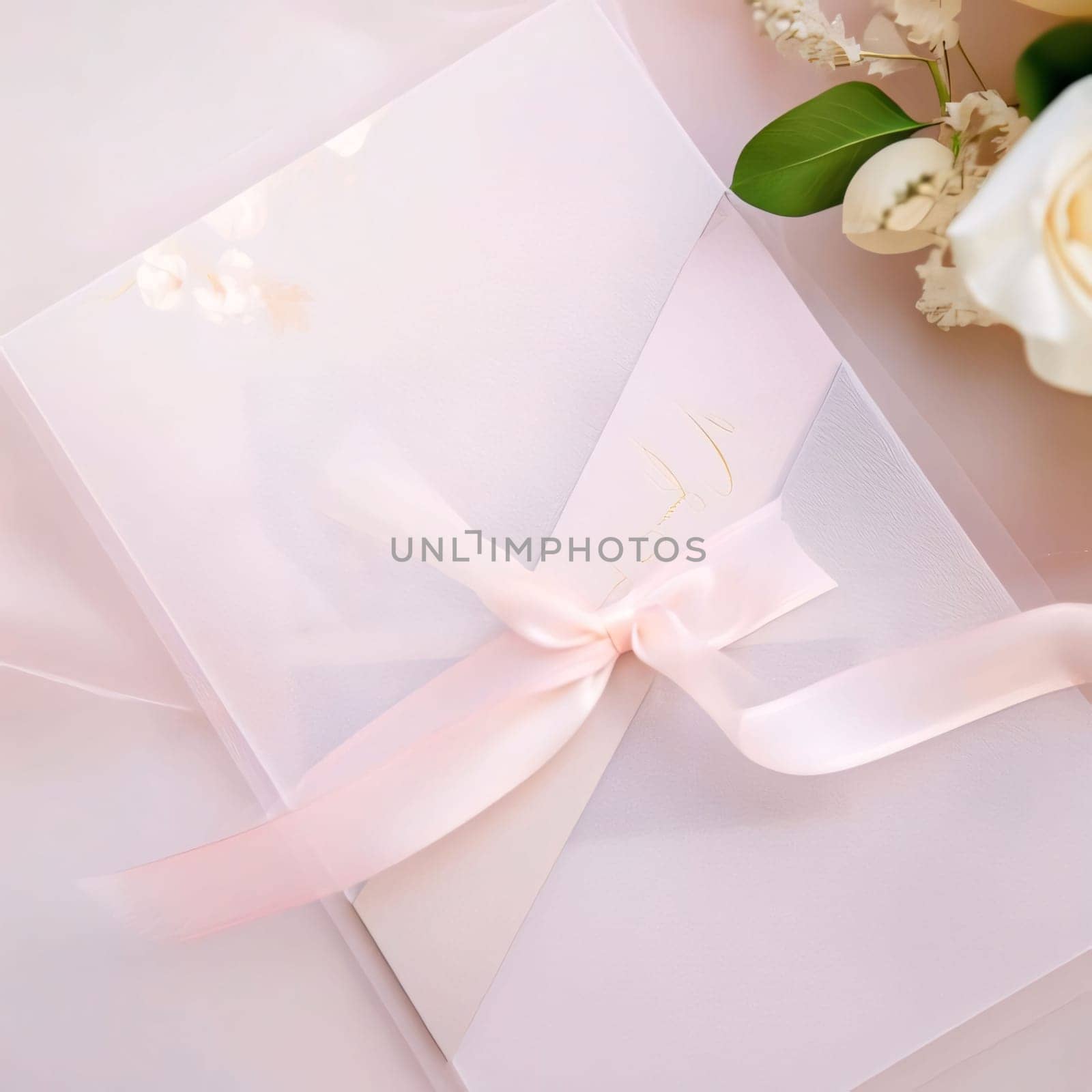 A white blank card with a bright bow tied around it. Around it white flower petals. Valentine's Day as a day symbol of affection and love. A time of falling in love and love.