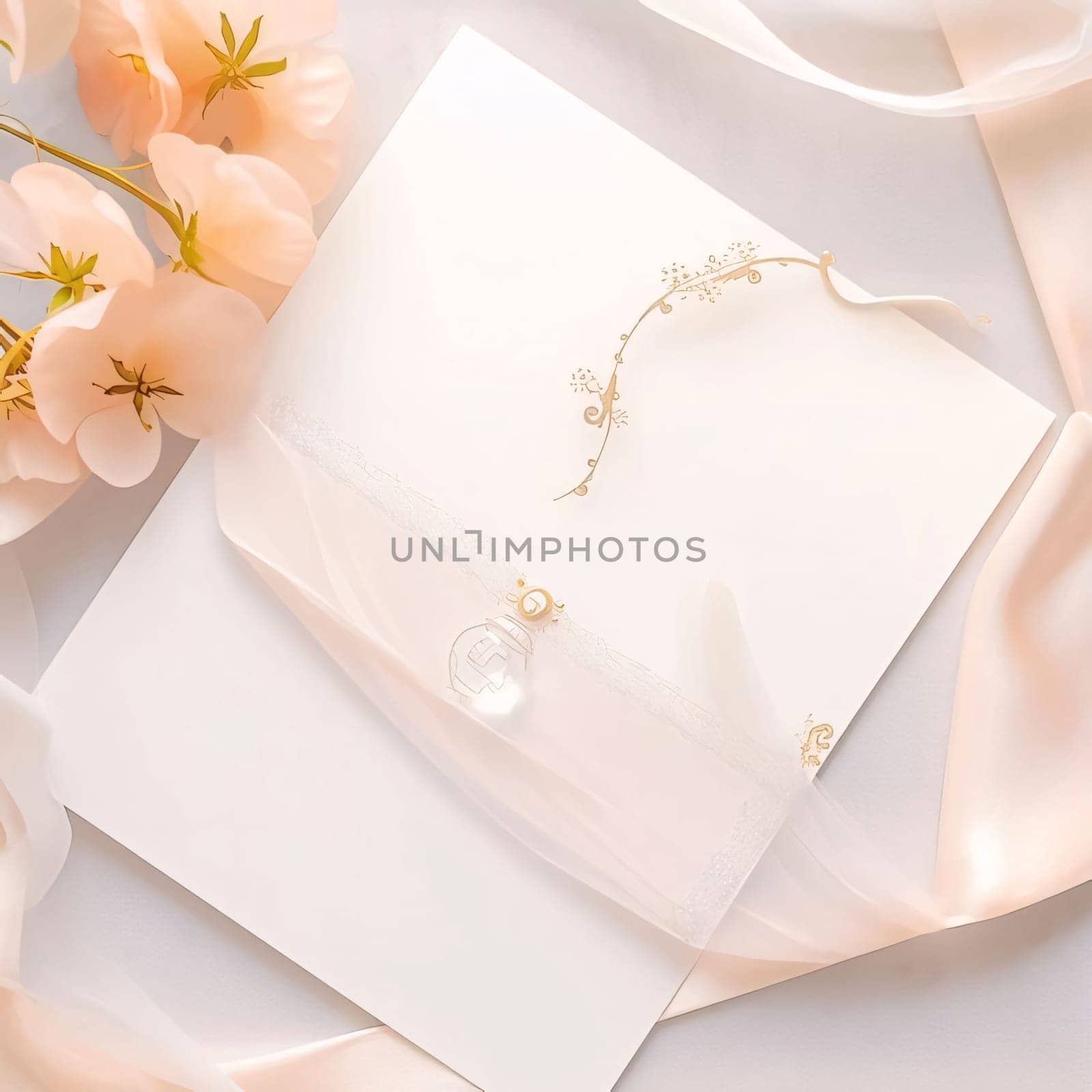 A white blank card with a bright bow tied around it. Around it white flower petals. Valentine's Day as a day symbol of affection and love. A time of falling in love and love.