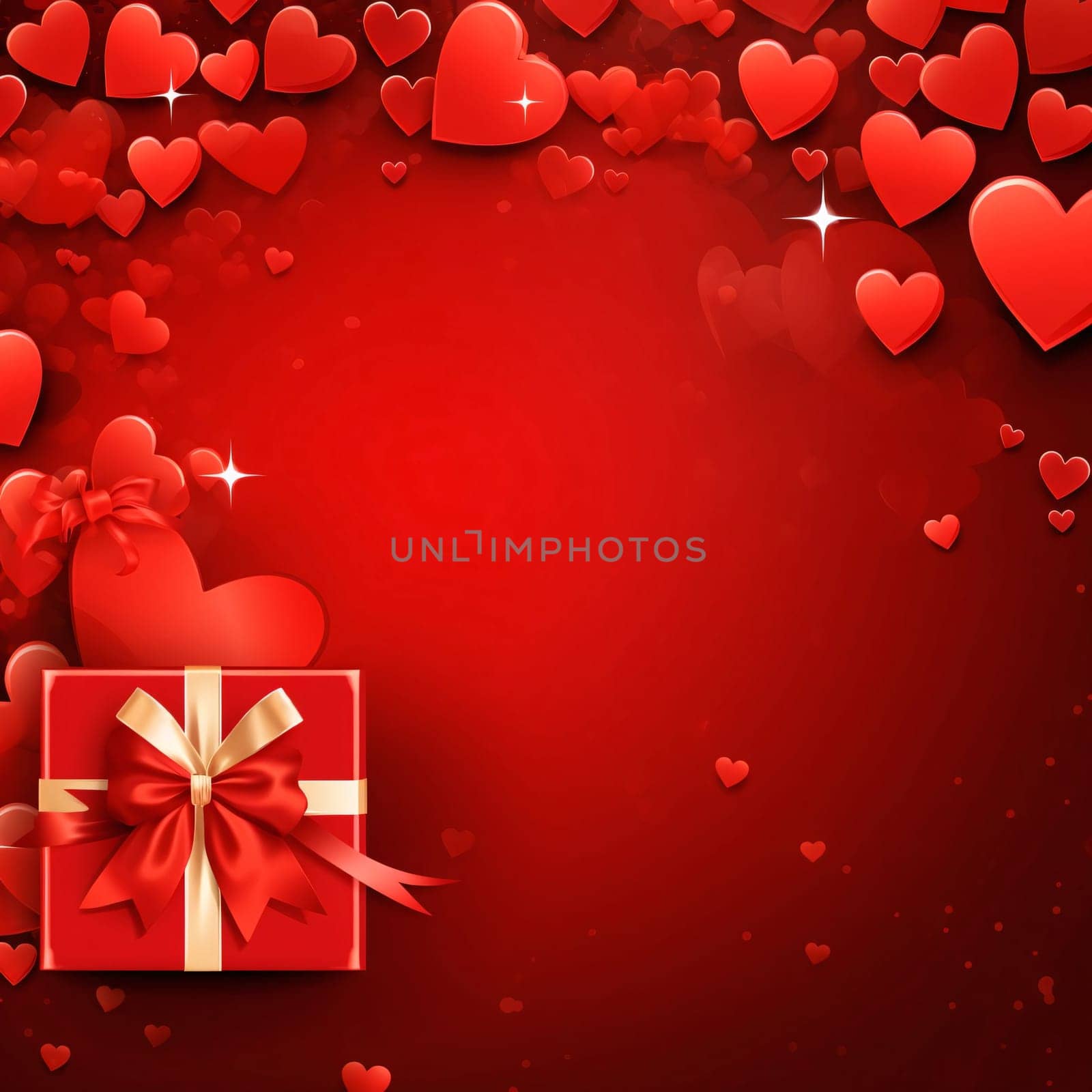 Red Valentine's Day card decorations with red hearts, gifts with bows.Valentine's Day banner with space for your own content. Heart as a symbol of affection and love.