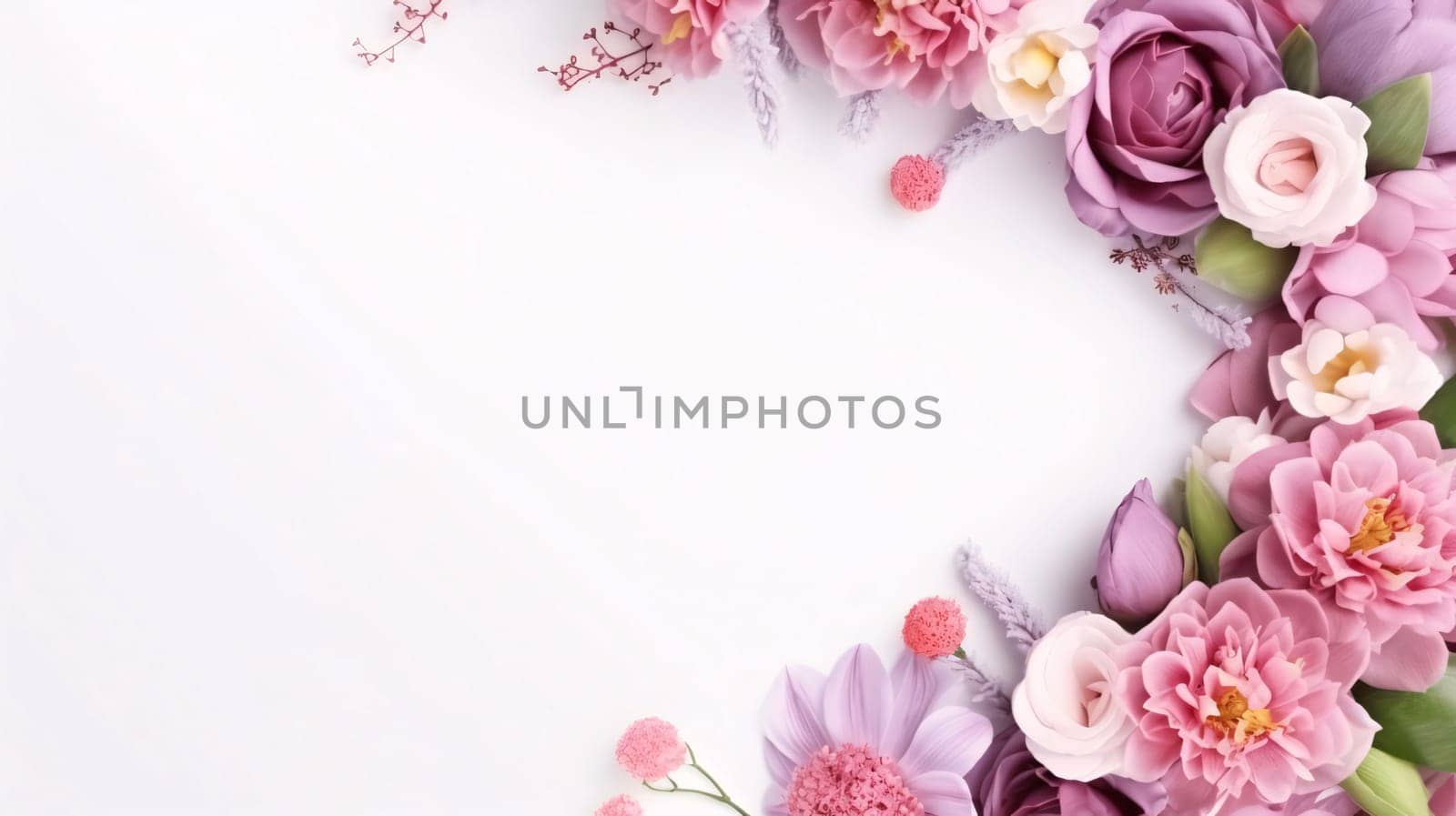 Top view of white empty field with decoration on the right side with pink and white flowers.Valentine's Day banner with space for your own content. Heart as a symbol of affection and love.