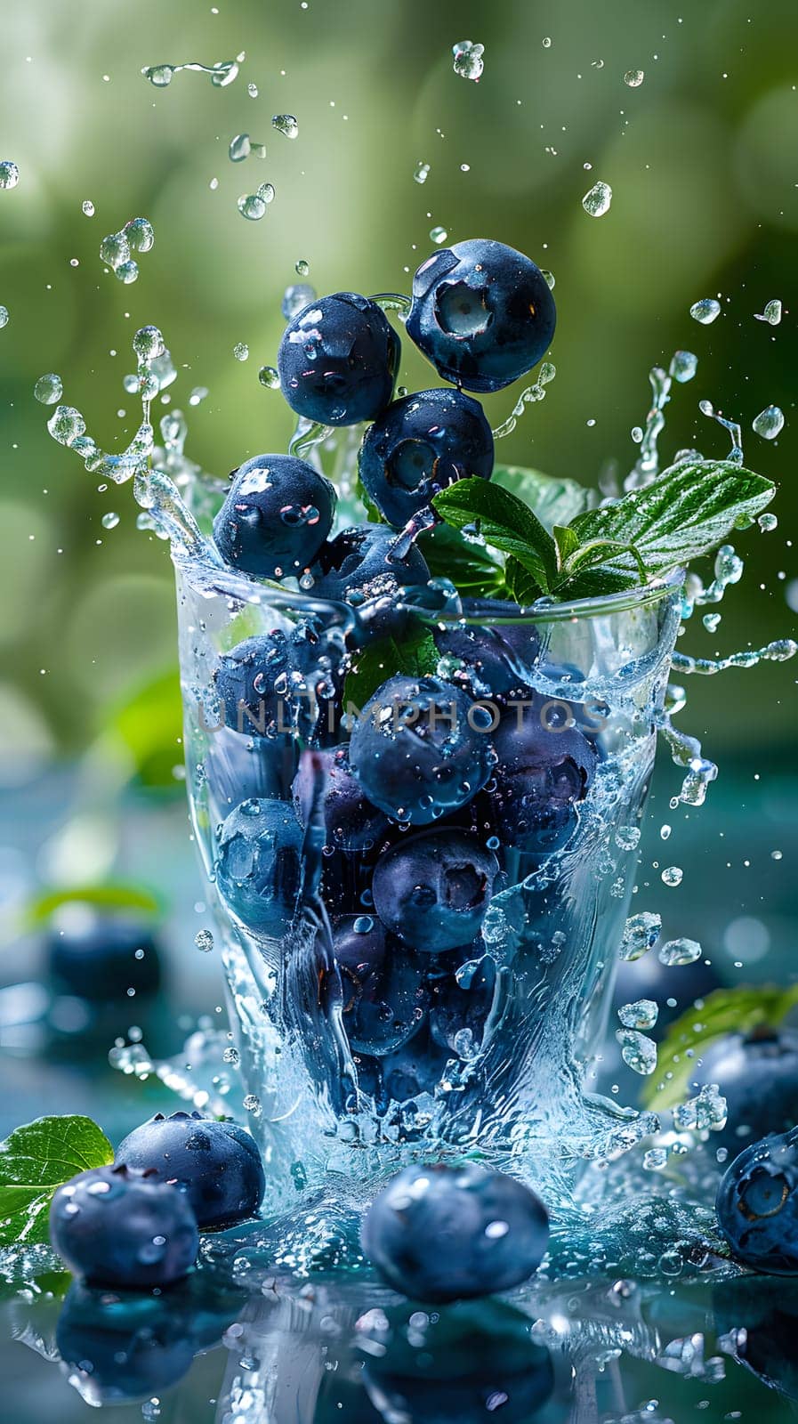 Electric blueberries are swirling in liquid, resembling an art piece. The fruit, from a terrestrial plant, adds a splash of color to the water