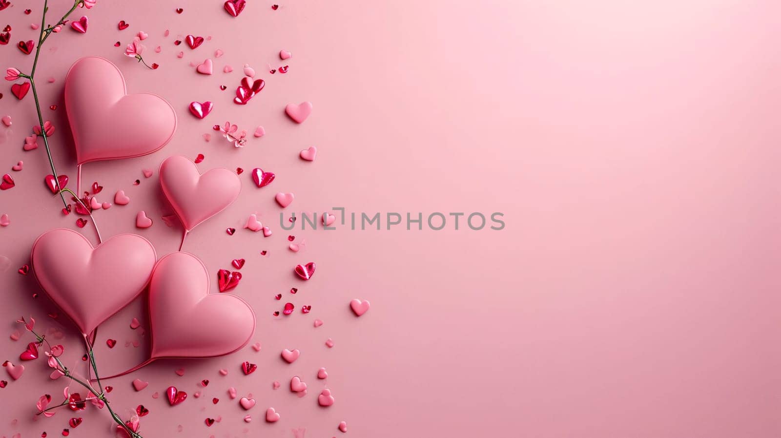 Pink Valentine's Day card. Pink hearts on the left side.Valentine's Day banner with space for your own content. Heart as a symbol of affection and love.