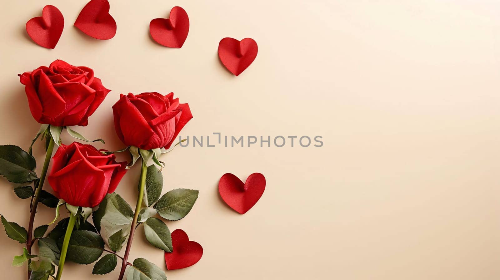 Lying on a light background are three red roses and paper red hearts.Valentine's Day banner with space for your own content. Heart as a symbol of affection and love.