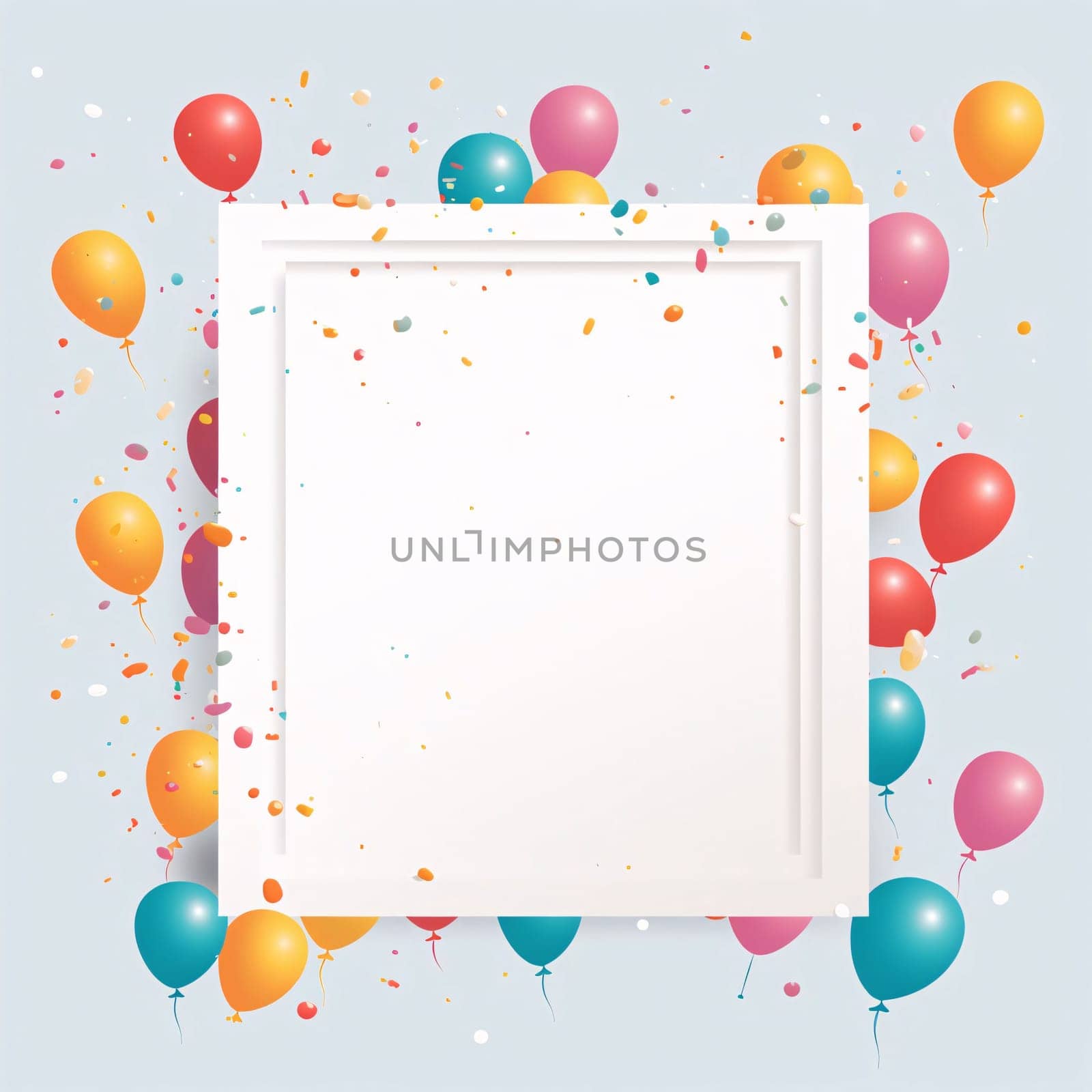 White blank card with space for your own content. Around it colorful confetti and balloons. Valentine's Day as a day symbol of affection and love. A time of falling in love and love.
